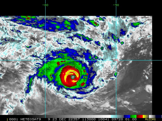 SATELLITE ANALYSIS, INITIAL POSITION AND INTENSITY DISCUSSION: ANIMATED ENHANCED INFRARED (EIR) SATELLITE IMAGERY SHOWS THAT TROPICAL CYCLONE 05S (DARIAN) HAS CONTINUED TO INTENSIFY AT A RAPID PACE DURING THE PAST SIX HOURS. DESPITE INDICATIONS OF AN OPEN EYEWALL TO THE SOUTHWEST IN A 231133Z SSMIS MICROWAVE IMAGE AND EIR IMAGERY, THE EYE HAS WARMED TO AROUND +10 DEGREES CELSIUS, AND AGENCY DVORAK ESTIMATES HAVE RISEN DRAMATICALLY TO T6.5 OR T7.0, WITH RAW ADT VALUES AS HIGH AS T6.9. THE INITIAL INTENSITY IS THUS REVISED UPWARD TO 135 KT. THE ENVIRONMENT REMAINS OVERALL FAVORABLE WITH LOW VERTICAL SHEAR, AND THE CYCLONE APPEARS TO BE MOVING OVER A PATCH OF WARMER SEA SURFACE TEMPERATURES DURING THE LAST 12 HOURS.