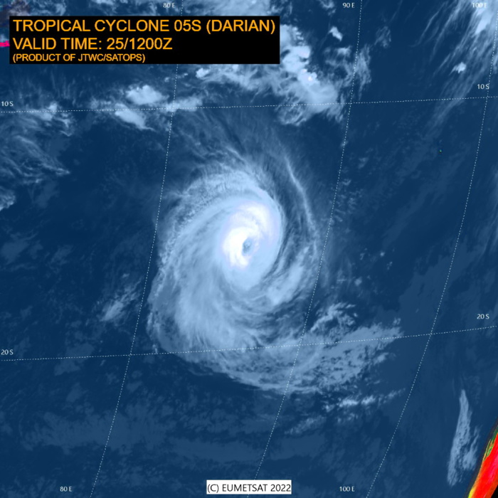 SATELLITE ANALYSIS, INITIAL POSITION AND INTENSITY DISCUSSION: TROPICAL CYCLONE 05S (DARIAN) FLARED UP AGAIN DURING THE PAST 8 HOURS. 12 HOURS AGO THE EYE HAD COLLAPSED AND THE EYEWALL OVER THE NORTHEAST QUADRANT WAS ALL BUT GONE DUE TO MID-LEVEL DRY AIR ENTRAINMENT AND 15KTS OF NORTHWESTERLY VERTICAL WIND SHEAR. NOW THE EYE HAS RE-DEVELOPED AND IS SURROUNDED BY A RING OF DEEP AND VIGOROUS CONVECTION. THREE SSMIS MICROWAVE SERIES--251038Z 251103Z AND 251248Z--VERIFY IMPROVED ORGANIZATION AND THE MOST RECENT JTWC DVORAK ASSESSMENT HAS RISEN TO T5.0 USING THE EYE TECHNIQUE ON A RAGGED 15NM EYE. KNES AND FMEE ARE ALSO WEIGHING IN AT T5.0. SEA SURFACE TEMPERATURES INCREASED A DEGREE TO 27C AND STORM MOTION HAS ACCELERATED ENOUGH TO REDUCE THE EFFECTS OF UPWELLING ON THE STORM. DARIAN IS MOVING THROUGH A PATCH OF 26-27 DEGREE WATERS. VERTICAL WIND SHEAR REMAINS STEADY NEAR 15KTS BUT DEEP MOISTURE SURROUNDING THE CORE IS EXPANDING. ANIMATED WATER VAPOR IMAGERY ALSO INDICATES THE MID AND HIGH LEVEL MOISTURE FIELDS ARE EXPANDING AND THAT THE SYSTEM HAS EXCELLENT AND IMPROVING RADIAL OUTFLOW. SATELLITE ANALYSIS, INITIAL POSITION AND INTENSITY DISCUSSION: TROPICAL CYCLONE 05S (DARIAN) FLARED UP AGAIN DURING THE PAST 8 HOURS. 12 HOURS AGO THE EYE HAD COLLAPSED AND THE EYEWALL OVER THE NORTHEAST QUADRANT WAS ALL BUT GONE DUE TO MID-LEVEL DRY AIR ENTRAINMENT AND 15KTS OF NORTHWESTERLY VERTICAL WIND SHEAR. NOW THE EYE HAS RE-DEVELOPED AND IS SURROUNDED BY A RING OF DEEP AND VIGOROUS CONVECTION. THREE SSMIS MICROWAVE SERIES--251038Z 251103Z AND 251248Z--VERIFY IMPROVED ORGANIZATION AND THE MOST RECENT JTWC DVORAK ASSESSMENT HAS RISEN TO T5.0 USING THE EYE TECHNIQUE ON A RAGGED 15NM EYE. KNES AND FMEE ARE ALSO WEIGHING IN AT T5.0. SEA SURFACE TEMPERATURES INCREASED A DEGREE TO 27C AND STORM MOTION HAS ACCELERATED ENOUGH TO REDUCE THE EFFECTS OF UPWELLING ON THE STORM. DARIAN IS MOVING THROUGH A PATCH OF 26-27 DEGREE WATERS. VERTICAL WIND SHEAR REMAINS STEADY NEAR 15KTS BUT DEEP MOISTURE SURROUNDING THE CORE IS EXPANDING. ANIMATED WATER VAPOR IMAGERY ALSO INDICATES THE MID AND HIGH LEVEL MOISTURE FIELDS ARE EXPANDING AND THAT THE SYSTEM HAS EXCELLENT AND IMPROVING RADIAL OUTFLOW.