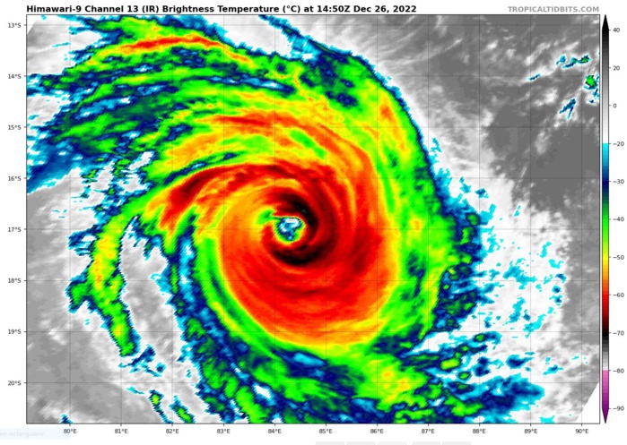 SATELLITE ANALYSIS, INITIAL POSITION AND INTENSITY DISCUSSION: ANIMATED MULTISPECTRAL SATELLITE IMAGERY (MSI) DEPICTS TIGHTLY WRAPPED DEEP CONVECTION SURROUNDING A 19 NM DIAMETER EYE. THE INITIAL POSITION IS PLACED WITH HIGH CONFIDENCE BASED ON A CLEAR DEPICTION OF THE EYE IN RECENT MICROWAVE SATELLITE IMAGERY, INCLUDING 260819Z AMSR2 AND 261022Z SSMIS PASSES. THE INITIAL INTENSITY OF 110 KTS IS ASSESSED WITH HIGH CONFIDENCE BASED ON SUBJECTIVE DVORAK CURRENT INTENSITY ESTIMATES FROM PGTW, KNES, FMEE, AND FIMP AS WELL AS AUTOMATED INTENSITY ESTIMATES FROM UW-CIMSS INDICATING A NARROW RANGE OF POSSIBLE VALUES FROM APPROXIMATELY 102 TO 116 KNOTS. TC 05S HAS WEAKENED SLIGHTLY OVER THE PAST SIX HOURS AFTER COMPLETING A THIRD ROUND OF RAPID INTENSIFICATION TO APPROXIMATELY 115 KNOTS AT 260600Z. PASSAGE OVER A PATCH OF RELATIVELY WARMER WATER AND EXCEPTIONAL OUTFLOW BOTH POLEWARD AND TOWARD AN UPPER-LEVEL LOW SITUATED TO THE WEST AIDED THE RECENTLY OBSERVED INTENSIFICATION TREND. SATELLITE ANALYSIS, INITIAL POSITION AND INTENSITY DISCUSSION: ANIMATED MULTISPECTRAL SATELLITE IMAGERY (MSI) DEPICTS TIGHTLY WRAPPED DEEP CONVECTION SURROUNDING A 19 NM DIAMETER EYE. THE INITIAL POSITION IS PLACED WITH HIGH CONFIDENCE BASED ON A CLEAR DEPICTION OF THE EYE IN RECENT MICROWAVE SATELLITE IMAGERY, INCLUDING 260819Z AMSR2 AND 261022Z SSMIS PASSES. THE INITIAL INTENSITY OF 110 KTS IS ASSESSED WITH HIGH CONFIDENCE BASED ON SUBJECTIVE DVORAK CURRENT INTENSITY ESTIMATES FROM PGTW, KNES, FMEE, AND FIMP AS WELL AS AUTOMATED INTENSITY ESTIMATES FROM UW-CIMSS INDICATING A NARROW RANGE OF POSSIBLE VALUES FROM APPROXIMATELY 102 TO 116 KNOTS. TC 05S HAS WEAKENED SLIGHTLY OVER THE PAST SIX HOURS AFTER COMPLETING A THIRD ROUND OF RAPID INTENSIFICATION TO APPROXIMATELY 115 KNOTS AT 260600Z. PASSAGE OVER A PATCH OF RELATIVELY WARMER WATER AND EXCEPTIONAL OUTFLOW BOTH POLEWARD AND TOWARD AN UPPER-LEVEL LOW SITUATED TO THE WEST AIDED THE RECENTLY OBSERVED INTENSIFICATION TREND.
