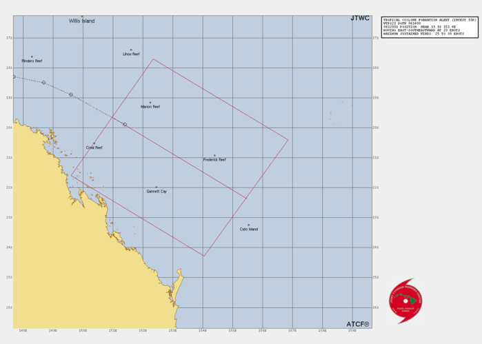 THE AREA OF CONVECTION (INVEST 93P) PREVIOUSLY LOCATED NEAR  18.9S 149.6E IS NOW LOCATED NEAR 19.9S 151.4E, APPROXIMATELY 308 NM  NORTHWEST OF CATO ISLAND, AUSTRALIA. ENHANCED INFRARED SATELLITE  IMAGERY DEPICTS BROAD, FRAGMENTED BUT CONSOLIDATING CONVECTIVE BAND  WRAPPING INTO THE LEVEL CIRCULATION (LLC) THAT IS EMBEDDED ALONG THE  MONSOON TROUGH. ENVIRONMENTAL ANALYSIS INDICATE THAT 93P IS IN A  MARGINALLY FAVORABLE ENVIRONMENT WITH STRONG POLEWARD OUTFLOW ALOFT AND  WARM (28C) SEA SURFACE TEMPERATURE OFFSET BY MEDIUM TO HIGH (20-25KT)  VERTICAL WIND SHEAR. GLOBAL MODELS ARE IN GOOD AGREEMENT THAT 93P WILL  TRACK SOUTHEASTWARD AND GRADUALLY INTENSIFY OVER THE NEXT 12-48 HOURS.  MAXIMUM SUSTAINED SURFACE WINDS ARE ESTIMATED AT 25 TO 30 KNOTS. MINIMUM SEA LEVEL PRESSURE IS ESTIMATED TO BE NEAR 995 MB. THE POTENTIAL FOR THE DEVELOPMENT OF A SIGNIFICANT TROPICAL CYCLONE WITHIN THE NEXT 24 HOURS IS UPGRADED TO HIGH.