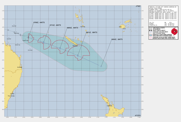 FORECAST REASONING.  SIGNIFICANT FORECAST CHANGES: THERE ARE NO SIGNIFICANT CHANGES TO THE FORECAST FROM THE PREVIOUS WARNING. HOWEVER, THE FORECAST HAS BEEN TRUNCATED TO 48 HOURS DUE TO AN ACCELERATED TIMELINE FOR SUBTROPICAL TRANSITION.   FORECAST DISCUSSION: TC 07P (SEVEN) HAS CONTINUED TO TRANSIT RAPIDLY TOWARDS THE SOUTHEAST ALONG THE SOUTHWESTERN SIDE OF A DEEP STR CENTERED FAR TO THE NORTHEAST. NO MAJOR CHANGES ARE EXPECTED IN THE GENERAL TRACK MOTION, OTHER THAN SOME FURTHER ACCELERATION THROUGH THE FORECAST PERIOD AS THE STR BUILDS AND STRENGTHENS THE STEERING GRADIENT. IT REMAINS POSSIBLE THAT THE SYSTEM COULD EVOLVE INTO MORE THAN ONE CENTER OF CIRCULATION, WITH ONE SPINNING OUT OF THE NORTHWESTERN END OF THE ELONGATED CIRCULATION AND MOVING EAST OVER NORTHERN NEW CALEDONIA, WHILE THE CURRENT LLCC CONTINUES TO TRACK SOUTHEASTWARD. THIS SCENARIO IS DEPICTED WELL IN THE GFS DETERMINISTIC RUN WHILE THE REMAINDER OF THE MODELS SHOW ONE CIRCULATION TRACKING SOUTHEASTWARD. REGARDLESS, THE FORECAST TRACKS TWO PRIMARY CIRCULATION THROUGHOUT THE FORECAST PERIOD. OVER THE SHORT-TERM, ADDITIONAL INTENSIFICATION IS LIKELY, AS THE SYSTEM WILL REMAIN OVER WARM WATERS AND WILL CONTINUE TO TAP INTO STRONG POLEWARD OUTFLOW, WHILE SHEAR REMAINS RELATIVELY LOW. THE RECENT INNER-CORE LIGHTNING BURST IS SUGGESTIVE OF THE INTENSIFICATION TREND AND THE FORECAST CALLS FOR THE TO PEAK AT 45-50 KNOTS BY TAU 12. THEREAFTER TC 07P WILL START TO SLOWLY WEAKEN AS IT STARTS TO FEEL THE IMPACTS OF SHARPLY INCREASING VWS AND IS STEADILY ENGULFED BY A DRY MID-LEVEL AIR MASS. BY AROUND TAU 24 THE SYSTEM WILL MOVE SOUTH OF THE 26C ISOTHERM AND MOVE UNDER THE SUBTROPICAL WESTERLIES ALOFT, MARKING THE BEGINNING OF SUBTROPICAL TRANSITION (STT). BY TAU 48 THE SYSTEM WILL LIKELY MERGE WITH INVEST 95P, CURRENTLY DRIFTING SOUTH TO THE EAST OF NEW CALEDONIA, WHILE BECOMING FULLY EMBEDDED UNDER THE SUBTROPICAL WESTERLIES ALOFT AND MOVING OVER COOLER WATERS. TRANSITION TO A FULLY SUBTROPICAL LOW IS EXPECTED TO BE COMPLETE NO LATER THAN TAU 48. WHILE THE SYSTEM IS EXPECTED TO WEAKEN BELOW THE 35 KNOT WARNING THRESHOLD BY TAU 48, AN ADDITIONAL ROUND OF INTENSIFICATION IS POSSIBLE IN THE LATER TAUS, AFTER THE CURRENT FORECAST PERIOD, DUE TO STRONG BAROCLINIC FORCING AS THE SYSTEM TURNS SOUTH AND BECOMES EXTRATROPICAL.