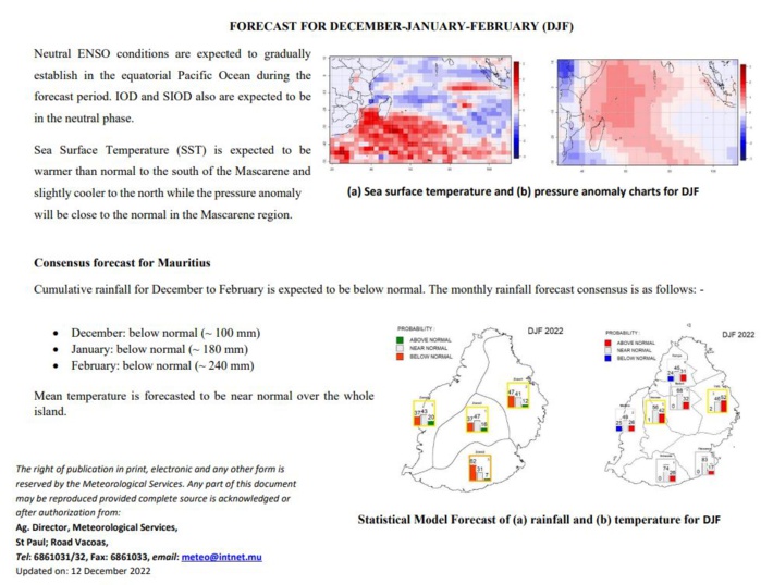 MMS/Vacoas: dry to very dry December 2022 for MAURITIUS and RODRIGUES & the outer islands//Forecast for JAN & FEB 2023 MMS/Vacoas: dry to very dry December 2022 for MAURITIUS and RODRIGUES & the outer islands//Forecast for JAN & FEB 2023