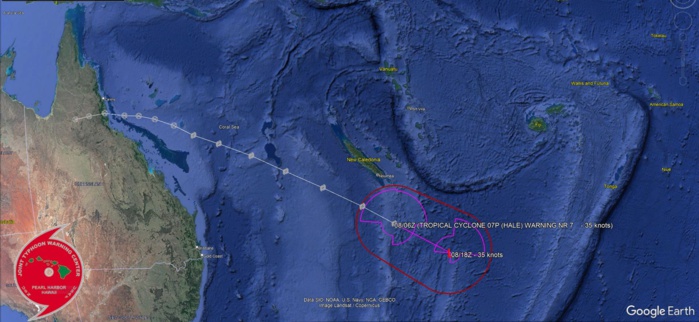 080900Z POSITION NEAR 25.8S 169.1E. 08JAN23. TROPICAL CYCLONE 07P (HALE), LOCATED APPROXIMATELY 224 NM SOUTH-SOUTHEAST OF NOUMEA, NEW CALEDONI, HAS TRACKED EAST- SOUTHEASTWARD AT 24 KNOTS OVER THE PAST SIX HOURS. ANIMATED  MULTISPECTRAL SATELLITE IMAGERY REVEALS THAT 07P IS BEING  RIPPED APART ON ITS POLEWARD JOURNEY PARTIALLY EXPOSING A  HIGHLY IRREGULAR LOW LEVEL CIRCULATION. HAVING ALREADY PASSED  SOUTH OF THE 26C ISOTHERM AND UNDERGOING INCREASING VERTICAL  WIND SHEAR (VWS) AND RELENTLESS DRY AIR ENTRAINMENT, TC HALE IS  WELL ON ITS WAY TO SUBTROPICAL TRANSITION (STT). AS THE SYSTEM  CONTINUES SOUTH-SOUTHEASTWARD IT WILL CONTINUE TO DEGRADE AND  LOSE ALL REMAINING TROPICAL CHARACTERISTICS, BY TAU 12 THE SYSTEM  IS FORECAST TO COMPLETE STT. NUMERICAL MODELS ARE IN TIGHT  AGREEMENT THAT THE SYSTEM WILL CONTINUE ON ITS CURRENT COURSE  AND SPEED THROUGH TAU 12 UNTIL TURNING POLEWARD AFTER THE  FORECAST PERIOD AND ACCELERATING TO THE SOUTH. THIS IS THE  FINAL WARNING ON THIS SYSTEM BY THE JOINT TYPHOON WRNCEN PEARL HARBOR HI. THE SYSTEM WILL BE CLOSELY MONITORED FOR SIGNS OF  REGENERATION. MAXIMUM SIGNIFICANT WAVE HEIGHT AT 080600Z IS 14  FEET.//