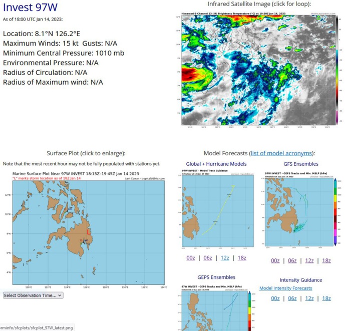 THE AREA OF CONVECTION (INVEST 97W) PREVIOUSLY LOCATED NEAR  9.7N 125.1E IS NOW LOCATED NEAR 8.0N 127.1E, APPROXIMATELY 101 NM EAST- NORTHEAST OF DAVAO, PHILIPPINES. AN ENHANCED INFRARED SATELLITE IMAGE AND  NUMEROUS SURFACE OBSERVATIONS DEPICT A LOOSELY ORGANIZED, BROAD MONSOON  DEPRESSION LIKE SYSTEM WITH 15-20 KNOT WINDS AND CENTRALLY LOCATED  CONVECTION ALOFT. ENVIRONMENTAL ANALYSIS REVEALS MARGINALLY FAVORABLE  CONDITIONS FOR DEVELOPMENT WITH ROBUST OUTFLOW AND STRONG DIVERGENCE  ALOFT, LOW TO MODERATE (15-20 KTS) VWS, AND WARM 28-29C SST. GLOBAL  MODELS GENERALLY AGREE ON THE SLOW DEVELOPMENT OF A MONSOON DEPRESSION  THAT REMAINS QUASI-STATIONARY OVER THE NEXT 24-48 HOURS. MAXIMUM  SUSTAINED SURFACE WINDS ARE ESTIMATED AT 15 TO 20 KNOTS. MINIMUM SEA  LEVEL PRESSURE IS ESTIMATED TO BE NEAR 1006 MB. THE POTENTIAL FOR THE  DEVELOPMENT OF A SIGNIFICANT TROPICAL CYCLONE WITHIN THE NEXT 24 HOURS  REMAINS LOW. THE AREA OF CONVECTION (INVEST 97W) PREVIOUSLY LOCATED NEAR  9.7N 125.1E IS NOW LOCATED NEAR 8.0N 127.1E, APPROXIMATELY 101 NM EAST- NORTHEAST OF DAVAO, PHILIPPINES. AN ENHANCED INFRARED SATELLITE IMAGE AND  NUMEROUS SURFACE OBSERVATIONS DEPICT A LOOSELY ORGANIZED, BROAD MONSOON  DEPRESSION LIKE SYSTEM WITH 15-20 KNOT WINDS AND CENTRALLY LOCATED  CONVECTION ALOFT. ENVIRONMENTAL ANALYSIS REVEALS MARGINALLY FAVORABLE  CONDITIONS FOR DEVELOPMENT WITH ROBUST OUTFLOW AND STRONG DIVERGENCE  ALOFT, LOW TO MODERATE (15-20 KTS) VWS, AND WARM 28-29C SST. GLOBAL  MODELS GENERALLY AGREE ON THE SLOW DEVELOPMENT OF A MONSOON DEPRESSION  THAT REMAINS QUASI-STATIONARY OVER THE NEXT 24-48 HOURS. MAXIMUM  SUSTAINED SURFACE WINDS ARE ESTIMATED AT 15 TO 20 KNOTS. MINIMUM SEA  LEVEL PRESSURE IS ESTIMATED TO BE NEAR 1006 MB. THE POTENTIAL FOR THE  DEVELOPMENT OF A SIGNIFICANT TROPICAL CYCLONE WITHIN THE NEXT 24 HOURS  REMAINS LOW.