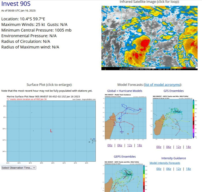 THE AREA OF CONVECTION (INVEST 96S) PREVIOUSLY LOCATED NEAR  7.8S 79.8E IS NOW LOCATED NEAR 10.9S 77.8E, APPROXIMATELY 380 NM  SOUTHEAST OF DIEGO GARCIA. ANIMATED ENHANCED INFRARED SATELLITE  IMAGERY DEPICTS AN EXPOSED LOW LEVEL CIRCULATION CENTER (LLCC) WITH  WEAK CONVECTION OFFSET TO THE WEST. A 151312Z SSMIS 91GHZ IMAGE  REVEALS AN EXPOSED LLCC WITH WEAK FRAGMENTED BANDING WRAPPING INTO THE  CENTER. UPPER-LEVEL CONDITIONS HAVE IMPROVED WITH MODERATE EQUATORWARD  OUTFLOW ALOFT, LOW (10-15KT) EASTERLY-NORTHEASTERLY VWS, AND WARM (28- 29C) SST. GLOBAL MODELS STRUGGLE TO RESOLVE THE FORMATION OF INVEST  96S AS WELL AS 90S, HOWEVER THEY GENERALLY AGREE THAT 96S WILL HAVE  SLOW DEVELOPMENT AS IT MEANDERS WEST-SOUTHWESTWARD TOWARDS MADAGASCAR  OVER THE NEXT 24-48 HOURS. MAXIMUM SUSTAINED SURFACE WINDS ARE  ESTIMATED AT 20 TO 25 KNOTS. MINIMUM SEA LEVEL PRESSURE IS ESTIMATED  TO BE NEAR 1006 MB. THE POTENTIAL FOR THE DEVELOPMENT OF A SIGNIFICANT  TROPICAL CYCLONE WITHIN THE NEXT 24 HOURS REMAINS MEDIUM.