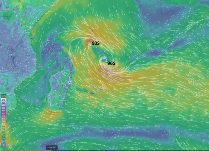 GLOBAL MODELS ARE  COMING TOGETHER ON SHOWING THE TWO HAVING A FUJIWHARA EFFECT ON ONE  ANOTHER WITH 96S WINNING OUT AND ABSORBING 90S OVER THE NEXT FEW DAYS  BEFORE HEADING TOWARDS MADAGASCAR.