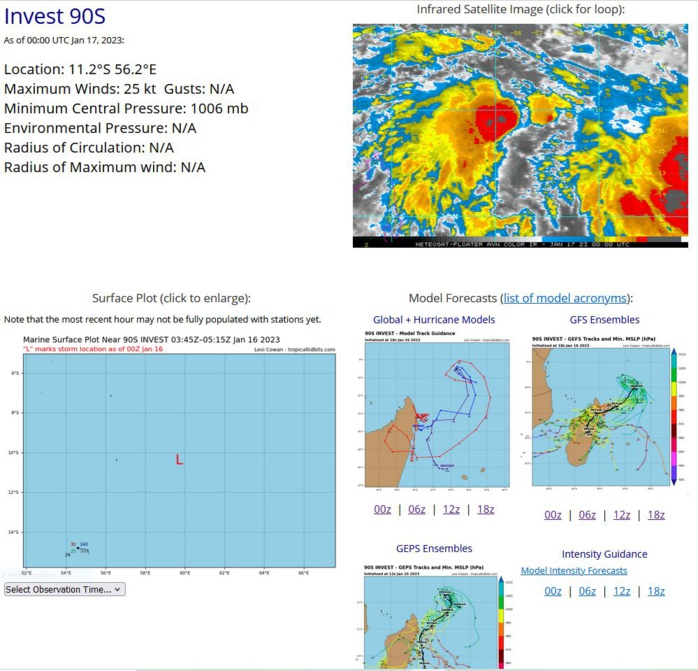 THE AREA OF CONVECTION (INVEST 96S) PREVIOUSLY LOCATED NEAR 10.9S 77.8E IS NOW LOCATED NEAR 12.5S 72.1E, APPROXIMATELY 311 NM SOUTH OF DIEGO GARCIA. ANIMATED ENHANCED INFRARED SATELLITE IMAGERY DEPICTS A CONSOLIDATING LLC WITH PERSISTENT DEEP CONVECTION ON THE WESTERN PERIPHERY AS WELL AS OVER THE LLC. A 161303Z SSMIS 91GHZ MICROWAVE IMAGE PARTIAL PASS, DEPICTS THE DEEP CONVECTION OVER THE LLC. UPPER-LEVEL ANALYSIS REVEALS 96S HAS A SLIGHTLY LARGER BUBBLE OF LOW (5-10KT) VWS WITH THE EXTENT OF THE MORE UNFAVORABLE AREAS OF SHEAR FURTHER AWAY TO THE NORTH AND SOUTH. OTHER ENVIRONMENTAL ANALYSIS SHOWS SSTS IN THE AREA ARE WARM 28-29C, AND VORTICITY SIGNATURES ARE CONTINUING TO INCREASE. LIKE 90S, GLOBAL MODELS ARE COMING TOGETHER ON SHOWING THE TWO HAVING A FUJIWHARA EFFECT ON ONE ANOTHER WITH 96S WINNING OUT AND ABSORBING 90S OVER THE NEXT FEW DAYS BEFORE HEADING TOWARDS MADAGASCAR. MAXIMUM SUSTAINED SURFACE WINDS ARE ESTIMATED AT 17 TO 23 KNOTS. MINIMUM SEA LEVEL PRESSURE IS ESTIMATED TO BE NEAR 1006 MB. THE POTENTIAL FOR THE DEVELOPMENT OF A SIGNIFICANT TROPICAL CYCLONE WITHIN THE NEXT 24 HOURS IS MEDIUM. THE AREA OF CONVECTION (INVEST 96S) PREVIOUSLY LOCATED NEAR 10.9S 77.8E IS NOW LOCATED NEAR 12.5S 72.1E, APPROXIMATELY 311 NM SOUTH OF DIEGO GARCIA. ANIMATED ENHANCED INFRARED SATELLITE IMAGERY DEPICTS A CONSOLIDATING LLC WITH PERSISTENT DEEP CONVECTION ON THE WESTERN PERIPHERY AS WELL AS OVER THE LLC. A 161303Z SSMIS 91GHZ MICROWAVE IMAGE PARTIAL PASS, DEPICTS THE DEEP CONVECTION OVER THE LLC. UPPER-LEVEL ANALYSIS REVEALS 96S HAS A SLIGHTLY LARGER BUBBLE OF LOW (5-10KT) VWS WITH THE EXTENT OF THE MORE UNFAVORABLE AREAS OF SHEAR FURTHER AWAY TO THE NORTH AND SOUTH. OTHER ENVIRONMENTAL ANALYSIS SHOWS SSTS IN THE AREA ARE WARM 28-29C, AND VORTICITY SIGNATURES ARE CONTINUING TO INCREASE. LIKE 90S, GLOBAL MODELS ARE COMING TOGETHER ON SHOWING THE TWO HAVING A FUJIWHARA EFFECT ON ONE ANOTHER WITH 96S WINNING OUT AND ABSORBING 90S OVER THE NEXT FEW DAYS BEFORE HEADING TOWARDS MADAGASCAR. MAXIMUM SUSTAINED SURFACE WINDS ARE ESTIMATED AT 17 TO 23 KNOTS. MINIMUM SEA LEVEL PRESSURE IS ESTIMATED TO BE NEAR 1006 MB. THE POTENTIAL FOR THE DEVELOPMENT OF A SIGNIFICANT TROPICAL CYCLONE WITHIN THE NEXT 24 HOURS IS MEDIUM.