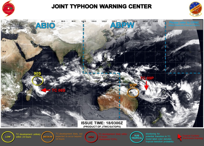 JTWC IS ISSUING 6HOURLY WARNINGS ON TC 09P AND 12HOURLY WARNINGS ON TC 08S. 3HOURLY SATELLITE BULLETINS ARE ISSUED ON BOTH SYSTEMS. JTWC IS ISSUING 6HOURLY WARNINGS ON TC 09P AND 12HOURLY WARNINGS ON TC 08S. 3HOURLY SATELLITE BULLETINS ARE ISSUED ON BOTH SYSTEMS.