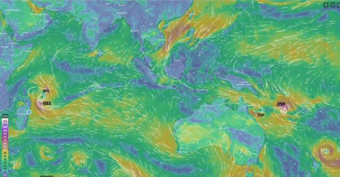 TC 08S intensifying,rapidly moving towards MADA//TC 09P intensifying// Invest 90S//Invest 92P//3 week GTHO maps// 1803utc
