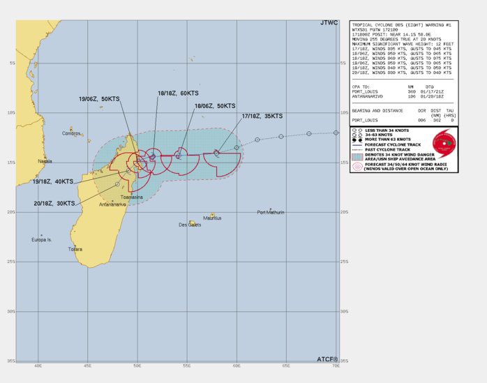 FORECAST REASONING.  SIGNIFICANT FORECAST CHANGES: THIS INITIAL PROGNOSTIC REASONING MESSAGE ESTABLISHES THE FORECAST PHILOSOPHY.  FORECAST DISCUSSION: TC 08S IS FORECAST TO CONTINUE TRACKING GENERALLY WESTWARD UNDER THE STEERING INFLUENCE OF A STR TO THE SOUTH-SOUTHEAST. CURRENTLY IN A HIGHLY FAVORABLE ENVIRONMENT CHARACTERIZED BY WARM SEA SURFACE TEMPERATURES, LOW VERTICAL WIND SHEAR AND SOLID POLEWARD OUTFLOW ALOFT PROVIDED BY AN UPPER-LEVEL ANTICYCLONE TO THE EAST, THE PROBABILITY OF RAPID INTENSIFICATION IN THE COMING HOURS IS HIGH. OVER THE NEXT 12 HOURS AS 08S CONTINUES TO TRACK WESTWARD AND INTENSIFY, INVEST 90S WILL CLOSE WITHIN 400NM AND BEGIN TO ORBIT AND EVENTUALLY FULLY MERGE WITH 08S. BY TAU 24, 08S IS FORECAST TO REACH A PEAK INTENSITY NEAR 60KTS THOUGH HIGHER VALUES ARE POSSIBLE IF HIGHLY FAVORABLE CONDITIONS PERSIST. AFTER TAU 24, THE SYSTEM WILL TRACK WEST-SOUTHWESTWARD AND EVENTUALLY SOUTHWESTWARD TOWARDS A COL REGION AS THE STEERING RIDGE REORIENTS LONGITUDINALLY. NEAR TAU 36, 08S WILL MAKE LANDFALL OVER THE MOUNTAINOUS REGION OF NORTHERN MADAGASCAR. BASED ON THE FORECAST STEERING PATTERN THE SYSTEM WILL BE FORCED INLAND AND RIPPED APART UNTIL DISSIPATION NEAR TAU 72. THERE IS A POTENTIAL HOWEVER, THAT THE STEERING RIDGE WILL BE BROKEN DOWN AND REORIENTED SOONER THAN FORECAST WHICH WOULD ALLOW FOR A POLEWARD TRACK ALONG THE EASTERN COAST OF MADAGASCAR OVER THE WARM WATERS OF THE SOUTHERN IO ALLOWING FOR A LONGER LIFE CYCLE.