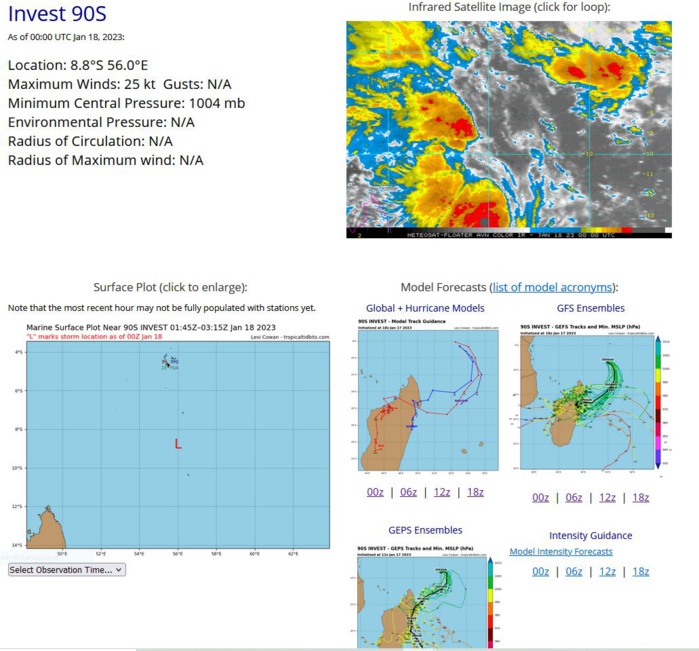 THE AREA OF CONVECTION (INVEST 90S) PREVIOUSLY LOCATED NEAR 8.7S 54.6E IS NOW LOCATED NEAR 8.5S 54.8E, APPROXIMATELY 727 NM NORTH- NORTHWEST OF MAURITIUS. ANIMATED MULTI-SPECTRAL IMAGERY AND A 171428Z SSMIS 37GHZ MICROWAVE PASS DEPICT DEEP FLARING CONVECTION ON THE WESTERN SEMICIRCLE WRAPPING INTO A PARTIALLY OBSCURED LLCC. A RECENT SCATTEROMETRY PASS SHOWS 25-30KT WINDS ON THE WESTERN FLANK. ENVIRONMENTAL ANALYSIS REVEALS UNFAVORABLE CONDITIONS FOR FURTHER INTENSIFICATION DUE TO STRONG (30-40KT) VWS, OFFSET BY WARM (29-30C) SEA SURFACE TEMPERATURES, AND GOOD POLEWARD AND EQUATORWARD OUTFLOW. GLOBAL MODELS ARE IN AGREEMENT THAT TC08S WILL RETROGRADE TO THE EAST AS IT INTERACTS WITH TROPICAL CYCLONE 08S OVER THE NEXT FEW DAYS. MAXIMUM SUSTAINED SURFACE WINDS ARE ESTIMATED AT 23 TO 25 KNOTS. MINIMUM SEA LEVEL PRESSURE IS ESTIMATED TO BE NEAR 1008 MB. THE POTENTIAL FOR THE DEVELOPMENT OF A SIGNIFICANT TROPICAL CYCLONE WITHIN THE NEXT 24 HOURS REMAINS LOW. MAXIMUM SUSTAINED SURFACE WINDS ARE ESTIMATED AT 23 TO 25 KNOTS. MINIMUM SEA LEVEL PRESSURE IS ESTIMATED TO BE NEAR 1008 MB. THE POTENTIAL FOR THE DEVELOPMENT OF A SIGNIFICANT TROPICAL CYCLONE WITHIN THE NEXT 24 HOURS REMAINS LOW. THE AREA OF CONVECTION (INVEST 90S) PREVIOUSLY LOCATED NEAR 8.7S 54.6E IS NOW LOCATED NEAR 8.5S 54.8E, APPROXIMATELY 727 NM NORTH- NORTHWEST OF MAURITIUS. ANIMATED MULTI-SPECTRAL IMAGERY AND A 171428Z SSMIS 37GHZ MICROWAVE PASS DEPICT DEEP FLARING CONVECTION ON THE WESTERN SEMICIRCLE WRAPPING INTO A PARTIALLY OBSCURED LLCC. A RECENT SCATTEROMETRY PASS SHOWS 25-30KT WINDS ON THE WESTERN FLANK. ENVIRONMENTAL ANALYSIS REVEALS UNFAVORABLE CONDITIONS FOR FURTHER INTENSIFICATION DUE TO STRONG (30-40KT) VWS, OFFSET BY WARM (29-30C) SEA SURFACE TEMPERATURES, AND GOOD POLEWARD AND EQUATORWARD OUTFLOW. GLOBAL MODELS ARE IN AGREEMENT THAT TC08S WILL RETROGRADE TO THE EAST AS IT INTERACTS WITH TROPICAL CYCLONE 08S OVER THE NEXT FEW DAYS. MAXIMUM SUSTAINED SURFACE WINDS ARE ESTIMATED AT 23 TO 25 KNOTS. MINIMUM SEA LEVEL PRESSURE IS ESTIMATED TO BE NEAR 1008 MB. THE POTENTIAL FOR THE DEVELOPMENT OF A SIGNIFICANT TROPICAL CYCLONE WITHIN THE NEXT 24 HOURS REMAINS LOW. MAXIMUM SUSTAINED SURFACE WINDS ARE ESTIMATED AT 23 TO 25 KNOTS. MINIMUM SEA LEVEL PRESSURE IS ESTIMATED TO BE NEAR 1008 MB. THE POTENTIAL FOR THE DEVELOPMENT OF A SIGNIFICANT TROPICAL CYCLONE WITHIN THE NEXT 24 HOURS REMAINS LOW.