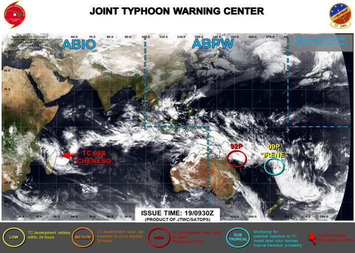 JTWC IS ISSUING 6HOURLY WARNINGS ON TC 09P AND 12HOURLY WARNINGS ON TC 08S. 3HOURLY SATELLITE BULLETINS ARE ISSUED ON BOTH SYSTEMS. JTWC IS ISSUING 6HOURLY WARNINGS ON TC 09P AND 12HOURLY WARNINGS ON TC 08S. 3HOURLY SATELLITE BULLETINS ARE ISSUED ON BOTH SYSTEMS.