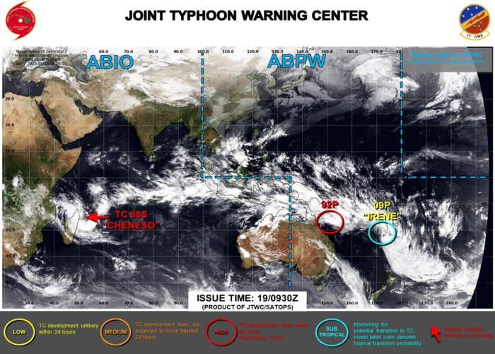 JTWC IS ISSUING 6HOURLY WARNINGS ON TC 09P AND 12HOURLY WARNINGS ON TC 08S. 3HOURLY SATELLITE BULLETINS ARE ISSUED ON BOTH SYSTEMS.