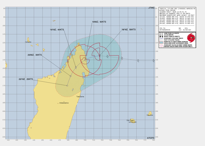 FORECAST REASONING.  SIGNIFICANT FORECAST CHANGES: THERE ARE NO SIGNIFICANT CHANGES TO THE FORECAST FROM THE PREVIOUS WARNING.  FORECAST DISCUSSION: TROPICAL CYCLONE (TC) 08S IS TRACKING ALONG THE NORTHERN PERIPHERY OF THE STR AND IS FORECAST TO MAKE LANDFALL OVER NORTHEASTERN MADAGASCAR WITHIN THE NEXT 12 HOURS. DUE TO FAVORABLE CONDITIONS, TC 08S WILL CONTINUE TO INTENSIFY PRIOR TO LANDFALL TO A PEAK OF 60-65 KNOTS. THE STR IS EXPECTED TO REALIGN TO THE EAST WHICH WILL TURN THE SYSTEM SOUTH-SOUTHWESTWARD AS IT TRACKS OVER THE MOUNTAINOUS TERRAIN OF MADAGASCAR. CONSEQUENTLY, THE SYSTEM WILL WEAKEN RAPIDLY AND DISSIPATE BY TAU 36. AFTER TAU 36, THE SYSTEM WILL STALL OVER MADAGASCAR DUE TO COMPETING STEERING INFLUENCES AND WILL CONTINUE TO WEAKEN RAPIDLY.