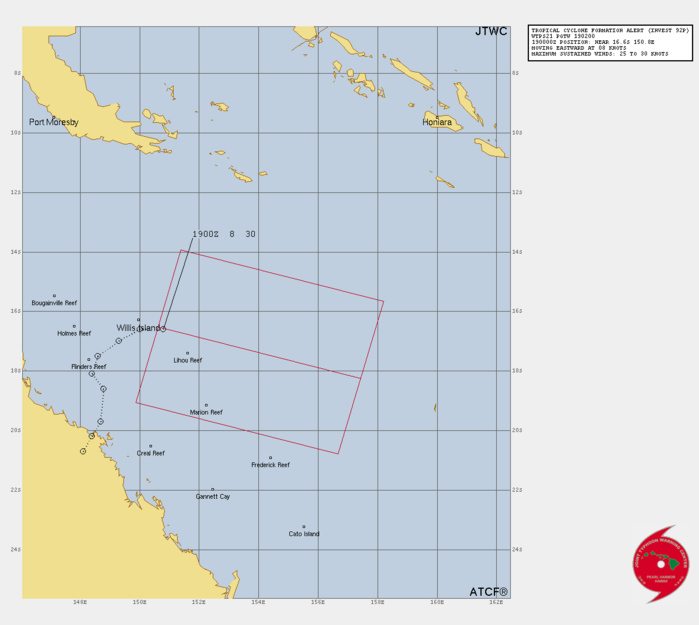 THE AREA OF CONVECTION (INVEST 92P) PREVIOUSLY LOCATED NEAR  18.1S 48.4E IS NOW LOCATED NEAR 16.6S 150.8E, APPROXIMATELY 50 NM  EAST-SOUTHEAST OF WILLIS ISLAND. ANIMATED MULTISPECTRAL SATELLITE  IMAGERY DEPICTS A PARTIALLY EXPOSED, ELONGATED AND DEFINED LOW LEVEL  CIRCULATION CENTER (LLCC) WITH DISORGANIZED FLARING CONVECTION SHEARED  TO THE EAST. ANIMATED RADAR IMAGERY DEPICTS LOW LEVEL RAIN BANDS  WRAPPING INTO A DEFINED CENTER JUST EAST OF WILLIS ISLAND. RECENT  OBSERVATIONS FROM WILLIS ISLAND REPORT WINDS AT 25-30 KNOTS AND  PRESSURE AS LOW AS 996MB WITH 999MB BEING THE AVERAGE. ENVIRONMENTAL  ANALYSIS REVEALS FAVORABLE CONDITIONS FOR DEVELOPMENT WITH MODERATE  EQUATORWARD OUTFLOW AND WEAK POLEWARD OUTFLOW ALOFT, LOW (10-15KT)  VWS, AND WARM (28-29C) SST. GLOBAL MODELS ARE IN AGREEMENT THAT 92P  WILL DEVELOP GALE-FORCE WINDS ALONG THE SOUTHERN QUADRANT AS IT TRACKS  EAST-SOUTHEASTWARD OVER THE NEXT 24-48 HOURS. MAXIMUM SUSTAINED  SURFACE WINDS ARE ESTIMATED AT 25 TO 30 KNOTS. MINIMUM SEA LEVEL  PRESSURE IS ESTIMATED TO BE NEAR 998 MB. THE POTENTIAL FOR THE  DEVELOPMENT OF A SIGNIFICANT TROPICAL CYCLONE WITHIN THE NEXT 24 HOURS  IS UPGRADED TO HIGH.