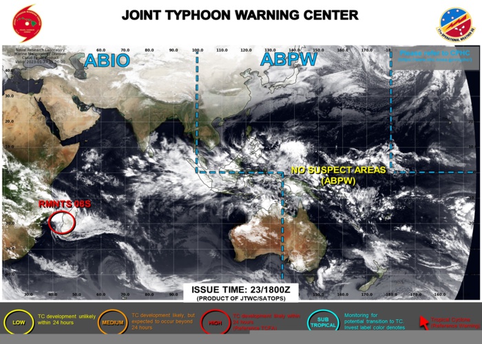 JTWC IS ISSUING 3HOURLY SATELLITE BULLETINS ON THE REMNANTS OF TC 08S(CHENESO). THEY WERE STOPPED AT 23/0545UTC ON THE REMNANTS OF TC 10P.