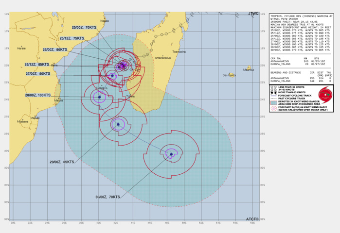 FORECAST REASONING.  SIGNIFICANT FORECAST CHANGES: THERE ARE NO SIGNIFICANT CHANGES TO THE FORECAST FROM THE PREVIOUS WARNING.  FORECAST DISCUSSION: TC 08S WILL WOBBLE LIKE A SAILOR TRYING TO GET BACK TO THE SHIP BEFORE LIBERTY EXPIRES UNTIL THE SUBTROPICAL RIDGE RETRACTS BEGINNING NEAR TAU 36. AS THE RIDGE RELEASES PRESSURE ON THE SYSTEM IT WILL BEGIN A SLOW SOUTHWESTWARD TRACK AND GRADUALLY INCREASE SPEED. THE TRACK WILL TAKE THE SYSTEM TO THE EAST OF EUROPA ISLAND BUT CLOSE ENOUGH TO INFLICT PENTY OF DAMAGE.  THE CORE STRENGTH DURING PASSAGE WILL BE ABOVE 90 KNOTS AT THAT POINT. CHENESO WILL PEAK AT ABOUT 100 KTS AS IT ROUNDS THE RIDGE AXIS NEAR THE 24TH LATITUDE AND TAU 72.  ONCE ROUNDING THE RIDGE IT WILL TRACK TOWARDS THE MID-LATITUDE WESTERLIES BUT THE SYSTEM WILL NOT ACCELERATE INTO THE WESTERLIES UNTIL THE LATEST PART OF THE FORECAST PERIOD AND BEYOND. THE TRANSITION PROCESS WILL BE EXTREMELY SLOW DUE TO THE POLAR JET BEING WELL SOUTH OF THE CONTINENT.  MID TO HIGH LEVEL MOISTURE FIELDS INDICATE THE CORE WILL NOT BEGIN  ERODING UNTIL 291800Z, WHEN THE SYSTEM APPROACHES THE 30TH LATITUDE.  AT THAT POINT, THE SYSTEM WILL BE TRACKING THROUGH 26 DEGREE  AND BELOW WATERS AND BE UNDERGOING SUBTROPICAL TRANSITION.