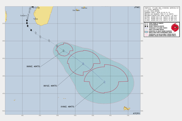 300300Z POSITION NEAR 33.7S 53.1E. 30JAN23. TROPICAL CYCLONE 08S  (CHENESO), LOCATED APPROXIMATELY 881 NM SOUTHEAST OF EUROPA ISLAND,  HAS TRACKED SOUTHEASTWARD AT 21 KNOTS OVER THE PAST SIX HOURS.  ANIMATED ENHANCED INFRARED (EIR) SATELLITE IMAGERY DEPICTS AN EXPOSED  LOW LEVEL CIRCULATION CENTER (LLCC) LOCATED TO THE NORTHWEST OF A  RELATIVELY SMALL MASS OF FLARING CONVECTION. TC CHENESO HAS SUCCUMBED  TO COPIOUS AMOUNTS OF DRY AIR FROM THE WEST AND HAS LOST ALL SIGNS OF  BEING A TROPICAL SYSTEM. THE MAJOR SHORTWAVE TROUGH THAT HAS BEEN  APPROACHING FROM THE WEST OVER THE PAST THREE DAYS IS NOW THE DOMINANT  STEERING FEATURE AS TC CHENESO WILL BECOME FULLY EXTRATROPICAL BY TAU  12. IN ADDITION, BY TAU 12, TEMPERATURE ADVECTION IS NOTED IN THE  29/18Z GFS 1000-500MB THICKNESS ANALYSIS. A PARTIAL 291917Z ASCAT-C  PASS SHOWS 40 KNOTS OF WIND WITH A COUPLE OF ISOLATED 45 KNOT WIND  BARBS IN THE WESTERN SEMI-CIRCLE, WITH LIGHTER WINDS TOWARDS THE  ASSESSED LLCC. THE SYSTEM IS CURRENTLY IN A MARGINALLY UNFAVORABLE  ENVIRONMENT FOR ANY FURTHER TROPICAL DEVELOPMENT WITH ROBUST POLEWARD  OUTFLOW ALOFT AND MODERATE (20-25 KTS) VERTICAL WIND SHEAR OFFSET BY  COOLER (24-25 C) SEA SURFACE TEMPERATURES. THE INITIAL POSITION IS  PLACED WITH HIGH CONFIDENCE BASED OFF THE AFOREMENTIONED EIR IMAGERY,  AS WELL AS MULTIPLE AGENCY FIXES. THE INITIAL INTENSITY OF 40 KNOTS IS  SET WITH MEDIUM CONFIDENCE BASED OFF THE ASCAT-C PASS. NUMERICAL MODEL  GUIDANCE REMAINS IN VERY TIGHT AGREEMENT WITH A GRADUAL INCREASE TO AN  82 NM SPREAD AT TAU 12. THE JTWC TRACK FORECAST IS SET WITH HIGH  CONFIDENCE BASED OFF ALL AGREEABLE DATA. THE JTWC INTENSITY FORECAST  IS SET WITH LOW CONFIDENCE DUE TO SPORADIC MODEL BEHAVIOR IN  CONSENSUS, MOST LIKELY DUE TO THE MODELS DISAGREEING WITH THE TIMING  OF THE EXTRATROPICAL TRANSITION. WITH THAT, THE SYSTEM IS EXPECTED TO  SLIGHTLY INCREASE TO 45 KNOTS AS IT TRANSITIONS TO EXTRATROPICAL AT  TAU 12. THIS IS THE FINAL WARNING ON THIS SYSTEM BY THE JOINT TYPHOON WRNCEN PEARL HARBOR HI. THE SYSTEM WILL BE CLOSELY MONITORED FOR SIGNS OF REGENERATION. MAXIMUM SIGNIFICANT WAVE HEIGHT AT 300000Z IS 22 FEET.//