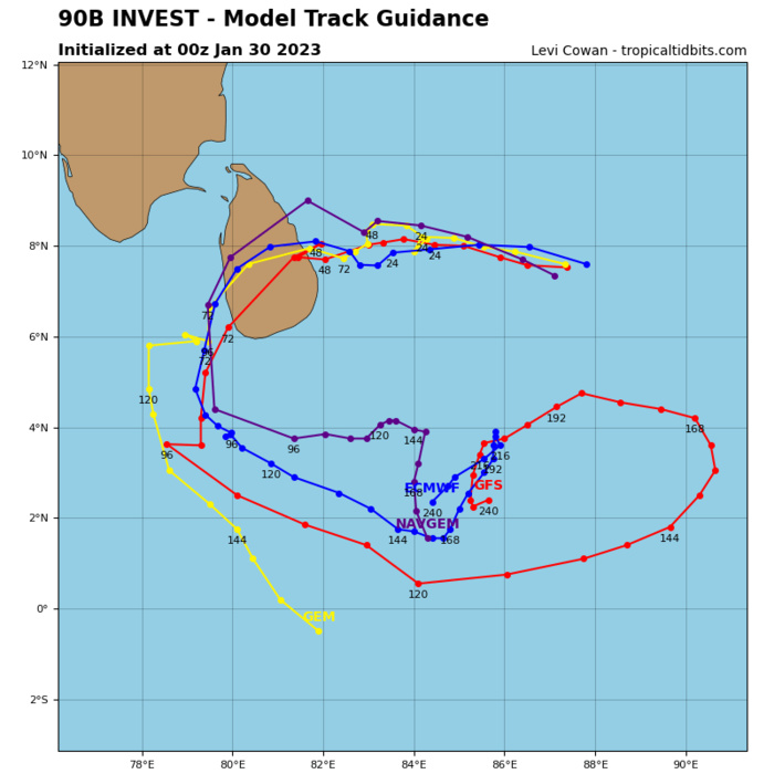 GLOBAL  MODELS INDICATE A WEST-SOUTHWESTWARD TRACK OVER THE NEXT TWO DAYS  WITH SLOW DEVELOPMENT DUE TO THE PERSISTENT EASTERLY VWS AND DRY AIR  ENTRAINMENT. DESPITE THE MARGINALLY FAVORABLE ENVIRONMENT, THERE IS A  LOW PROBABILITY THAT THE SYSTEM COULD REACH MINIMAL TROPICAL STORM  STRENGTH PRIOR TO LANDFALL. ADDITIONALLY, THE ONGOING MJO WILL  CONTINUE TO ENHANCE CONVECTIVE DEVELOPMENT OVER THE REGION.