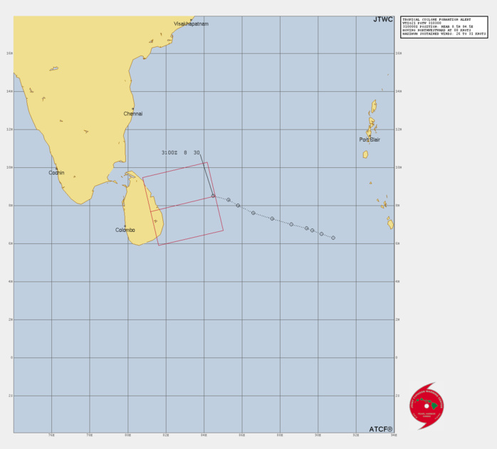THE AREA OF CONVECTION (INVEST 90B) PREVIOUSLY LOCATED NEAR 7.2N 82.9E IS NOW LOCATED NEAR 8.5N 84.5E, APPROXIMATELY 291.7 NM EAST-NORTHEAST OF COLOMBO, SRI LANKA. ANIMATED ENHANCED INFRARED SATELLITE IMAGERY AND A 302221Z SSMIS 91GHZ MICROWAVE PASS SHOWS FLARING CONVECTIVE BANDS WRAPPING INTO A FULLY OBSCURED, GRADUALLY CONSOLIDATING LLCC. ENVIRONMENTAL ANALYSIS REVEALS MARGINALLY FAVORABLE CONDITIONS FOR INTENSIFICATION AS INDICATED BY LOW TO MODERATE (15-20KT) VERTICAL WIND SHEAR, OFFSET BY WARM (28-29C) SST, IMPROVED POLEWARD OUTFLOW AND A FAVORABLE MJO SIGNAL WHICH WILL CONTINUE TO ENHANCE CONVECTIVE DEVELOPMENT OVER THE REGION. GLOBAL MODELS ARE IN AGREEMENT THAT 90B WILL CONTINUE WEST AND MAKE LANDFALL OVER SRI LANKA WITHIN 36 HOURS. DESPITE THE MARGINALLY FAVORABLE ENVIRONMENT, THERE REMAINS A LOW PROBABILITY THAT THE SYSTEM COULD REACH TROPICAL STORM STRENGTH PRIOR TO LANDFALL. MAXIMUM SUSTAINED SURFACE WINDS ARE ESTIMATED AT 25 TO 30 KNOTS. MINIMUM SEA LEVEL PRESSURE IS ESTIMATED TO BE NEAR 1004 MB. THE POTENTIAL FOR THE DEVELOPMENT OF A SIGNIFICANT TROPICAL CYCLONE WITHIN THE NEXT 24 HOURS IS UPGRADED TO HIGH. THE AREA OF CONVECTION (INVEST 90B) PREVIOUSLY LOCATED NEAR 7.2N 82.9E IS NOW LOCATED NEAR 8.5N 84.5E, APPROXIMATELY 291.7 NM EAST-NORTHEAST OF COLOMBO, SRI LANKA. ANIMATED ENHANCED INFRARED SATELLITE IMAGERY AND A 302221Z SSMIS 91GHZ MICROWAVE PASS SHOWS FLARING CONVECTIVE BANDS WRAPPING INTO A FULLY OBSCURED, GRADUALLY CONSOLIDATING LLCC. ENVIRONMENTAL ANALYSIS REVEALS MARGINALLY FAVORABLE CONDITIONS FOR INTENSIFICATION AS INDICATED BY LOW TO MODERATE (15-20KT) VERTICAL WIND SHEAR, OFFSET BY WARM (28-29C) SST, IMPROVED POLEWARD OUTFLOW AND A FAVORABLE MJO SIGNAL WHICH WILL CONTINUE TO ENHANCE CONVECTIVE DEVELOPMENT OVER THE REGION. GLOBAL MODELS ARE IN AGREEMENT THAT 90B WILL CONTINUE WEST AND MAKE LANDFALL OVER SRI LANKA WITHIN 36 HOURS. DESPITE THE MARGINALLY FAVORABLE ENVIRONMENT, THERE REMAINS A LOW PROBABILITY THAT THE SYSTEM COULD REACH TROPICAL STORM STRENGTH PRIOR TO LANDFALL. MAXIMUM SUSTAINED SURFACE WINDS ARE ESTIMATED AT 25 TO 30 KNOTS. MINIMUM SEA LEVEL PRESSURE IS ESTIMATED TO BE NEAR 1004 MB. THE POTENTIAL FOR THE DEVELOPMENT OF A SIGNIFICANT TROPICAL CYCLONE WITHIN THE NEXT 24 HOURS IS UPGRADED TO HIGH.