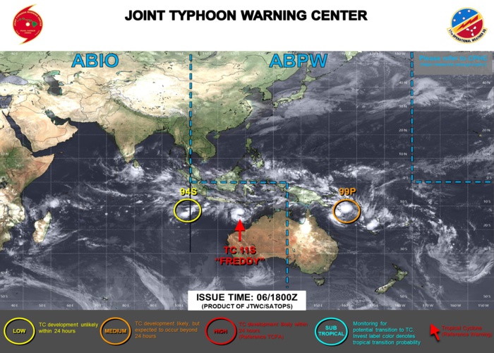 JTWC IS ISSUING 6HOURLY WARNINGS ON TC 11S(FREDDY). 3HOURLY SATELLITE BULLETINS ARE ISSUED ON TC 11S, INVEST 94S AND INVEST 99P.