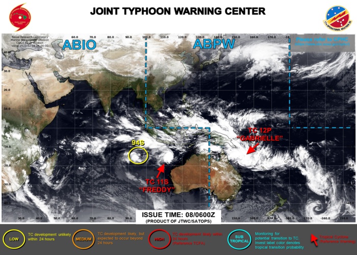 JTWC IS ISSUING 6HOURLY WARNINGS ON TC 11S(FREDDY) AND TC 12P(GABRIELLE). 3HOURLY SATELLITE BULLETINS ARE ISSUED ON TC 11S, TC 12P AND INVEST 94S.