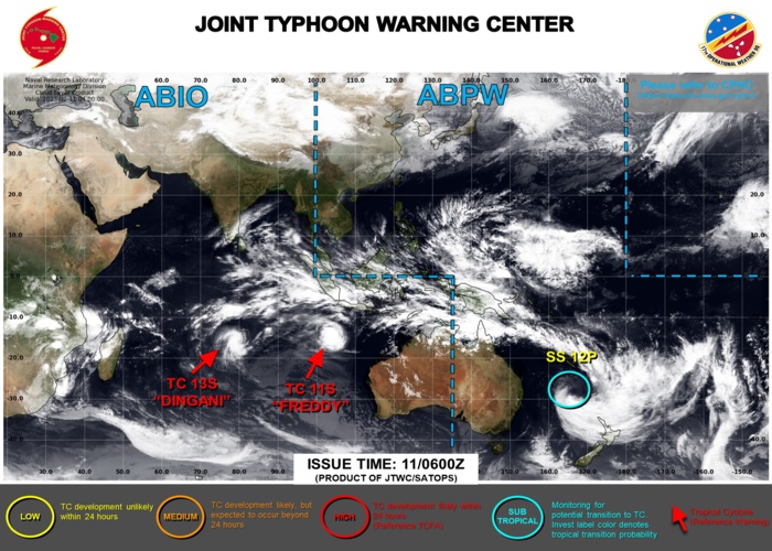 JTWC IS ISSUING 12HOURLY WARNINGS ON TC 11S(FREDDY) AND TC 13S(DINGANI).3HOURLY SATELLITE BULLETINS ARE ISSUED ON TC 11S, TC 13S AND STS 12P(GABRIELLE).