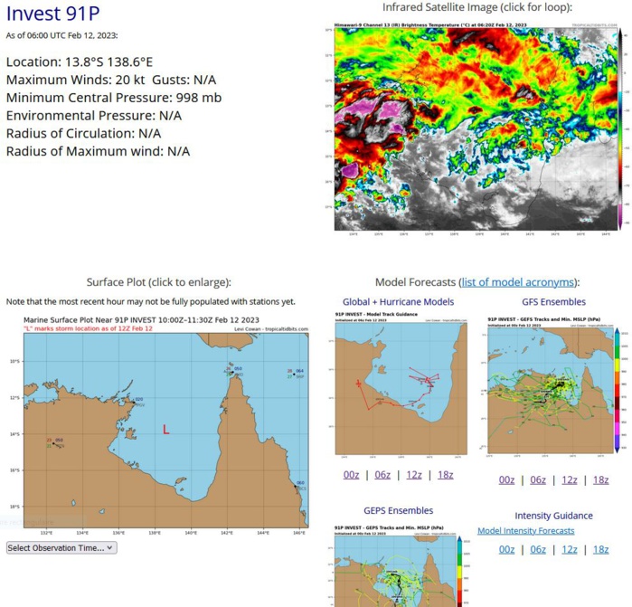 THE AREA OF CONVECTION (INVEST 91P) PREVIOUSLY LOCATED NEAR  13.3S 137.6E IS NOW LOCATED NEAR 13.8S 138.6E, APPROXIMATELY 176 NM  NORTH-NORTHWEST OF MORNINGTON ISLAND, AUSTRALIA. ANIMATED  MULTISPECTRAL SATELLITE IMAGERY (MSI) AND RADAR IMAGERY DEPICT A  BROAD, ILL-DEFINED, AND ELONGATED LOW-LEVEL CIRCULATION (LLC) WITH  DISORGANIZED CONVECTION SHEARED TO THE NORTHERN SEMICIRCLE. RECENT  SURFACE OBSERVATIONS INDICATE 25 KNOT WINDS ALONG THE NORTHERN AND  SOUTHERN PERIPHERIES OF THE LLC. INVEST 91P IS CURRENTLY IN A  MARGINALLY FAVORABLE ENVIRONMENT WITH MODERATE POLEWARD OUTFLOW ALOFT  AND VERY WARM (29-30C) SST OFFSET BY STRONG (30-40KT) VWS. GLOBAL  MODELS ARE IN STRONG AGREEMENT THAT 91P WILL GRADUALLY INTENSIFY AS IT  DANCES AROUND THE GULF OF CARPENTARIA NEAR THE CAPE YORK PENINSULA  OVER THE NEXT 48-72 HOURS BEFORE ULTIMATELY TRACKING SOUTHWARD  OVERLAND. MAXIMUM SUSTAINED SURFACE WINDS ARE ESTIMATED AT 20 TO 25  KNOTS. MINIMUM SEA LEVEL PRESSURE IS ESTIMATED TO BE NEAR 999 MB. THE  POTENTIAL FOR THE DEVELOPMENT OF A SIGNIFICANT TROPICAL CYCLONE WITHIN  THE NEXT 24 HOURS REMAINS LOW.