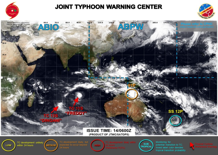 JTWC IS ISSUING 12HOURLY WARNINGS ON TC 11S(FREDDY) AND TC 13S(DINGANI).3HOURLY SATELLITE BULLETINS ARE ISSUED ON TC 11S, TC 13S AND STS 12P(GABRIELLE).