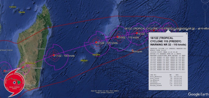 FORECAST REASONING.  SIGNIFICANT FORECAST CHANGES: THERE ARE NO SIGNIFICANT CHANGES TO THE FORECAST FROM THE PREVIOUS WARNING.  FORECAST DISCUSSION: TC FREDDY CONTINUES ITS WEST-SOUTHWESTWARD TRACK AS IT TRANSITS THE NORTHERN PERIPHERY OF THE STR TO THE SOUTH. THE SYSTEM WILL CONTINUE THIS TRAJECTORY AND GRADUALLY INCREASE IN INTENSITY TO 120 KNOTS BY TAU 48 DUE TO ENTERING AN IMPROVING ENVIRONMENT. COPIOUS AMOUNTS OF DRY AIR WILL CONTINUE TO SURROUND THE SYSTEM, HOWEVER, TC FREDDY WILL STAY COCOONED IN ITS OWN MOISTURE POCKET DURING ITS FORECAST TRACK. TC 11S IS FORECAST TO MAKE LANDFALL ON THE EAST COAST OF MADAGASCAR AFTER TAU 72 AND DECREASE IN INTENSITY TO 50 KNOTS BY TAU 96 DUE TO LAND INTERACTION. BY TAU 120, THE SYSTEM IS FORECAST TO RE-INTENSIFY AS IT TRANSITS OVER THE MOZAMBIQUE CHANNEL.