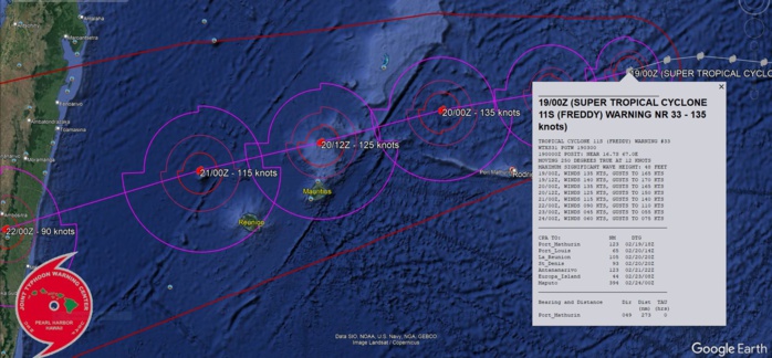 FORECAST REASONING.  SIGNIFICANT FORECAST CHANGES: THERE ARE NO SIGNIFICANT CHANGES TO THE FORECAST FROM THE PREVIOUS WARNING.  FORECAST DISCUSSION: TC FREDDY CONTINUES TO TRACK WEST-SOUTHWEST TOWARDS ITS RENDEZVOUS WITH MADAGASCAR. NO SIGNIFICANT CHANGE IN STEERING MECHANISM OR TRACK IS EXPECTED BEFORE LANDFALL ALONG THE EAST COAST OF MADAGASCAR. TRACK SPEEDS HAVE BEEN A CONSISTENT 11-12 KNOTS OVER THE PAST DAY, BUT SOME ACCELERATION IS EXPECTED AFTER TAU 24 AS THE RIDGE TO THE SOUTH BUILDS AND THE STEERING GRADIENT TIGHTENS UP A BIT. THE CURRENT FORECAST CALLS FOR THE SYSTEM TO TRACK SLIGHTLY FURTHER SOUTH THAN THE PREVIOUS FORECAST AND BRING IT INTO RELATIVELY CLOSE PROXIMITY OF BOTH MAURITIUS AND LA REUNION OVER THE NEXT 36 TO 48 HOURS, FOLLOWED BY LANDFALL AS A SIGNIFICANT TROPICAL CYCLONE ALONG THE EAST COAST OF MADAGASCAR AROUND TAU 60. AFTER CROSSING OVER THE ISLAND, THE SYSTEM WILL MOVE INTO THE MOZAMBIQUE CHANNEL. AS IT DOES SO, IT WILL COME UNDER THE STEERING INFLUENCE OF A DEVELOPING STR OVER SOUTH AFRICA AND GRADUALLY TURN ONTO A MORE WEST-NORTHWESTWARD TRACK TOWARDS MOZAMBIQUE. FROM AN INTENSITY PERSPECTIVE, SOME ADDITIONAL NEAR-TERM INTENSIFICATION IS POSSIBLE AS THERE IS NO INDICATION OF ANY EYEWALL REPLACEMENT CYCLES (EWRC) NOR ANY EXPECTED CHANGES IN THE ENVIRONMENT. THE ONLY FACTOR THAT COULD LIMIT A RUN AT 140 KNOTS WILL BE INNER-CORE DYNAMICAL FACTORS SUCH AS EYE ENLARGEMENT AND INNER-CORE INTRUSIONS FROM THE NEARBY POOL OF MID-LEVEL DRY AIR. AFTER TAU 24 HOWEVER, A STEADY BUT SLOW WEAKENING TREND IS EXPECTED AS THE SYSTEM MOVES OVER WATERS THAT WHILE STILL SUFFICIENTLY WARM, LACK SIGNIFICANT OHC. IT MUST BE MENTIONED HOWEVER THAT A POOL OF VERY WARM, HIGH OHC WATERS LIES DIRECTLY ALONG THE COAST OF MADAGASCAR AND COULD PROVIDE A SHORT-TERM BOOST IN INTENSITY JUST PRIOR TO LANDFALL, THOUGH THE SYSTEM WILL BE MOVING FAIRLY QUICKLY AND THIS WILL LIMIT THE POSSIBLE INTENSIFICATION. THE SYSTEM WILL RAPIDLY WEAKEN AS IT CROSSES MADAGASCAR AND IS EXPECTED TO BE A WEAK TROPICAL STORM AS IT MOVES OFF THE WEST COAST. ENVIRONMENTAL CONDITIONS ARE FORECAST TO BE VERY FAVORABLE IN THE MOZAMBIQUE CHANNEL AND WILL SUPPORT A FAIRLY QUICK REINTENSIFICATION OF THE SYSTEM AS IT MOVES TOWARDS EAST AFRICA.