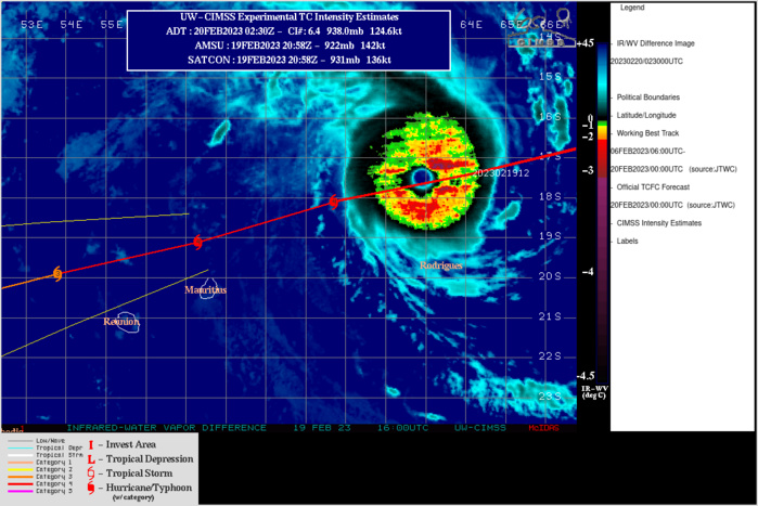 SATELLITE ANALYSIS, INITIAL POSITION AND INTENSITY DISCUSSION: AFTER PEAKING AT 140 KNOTS OR POTENTIAL A BIT HIGHER, FOR AN IMPRESSIVE FOURTH TIME IN ITS LIFE, TC 11S (FREDDY) HAS WEAKENED CONSIDERABLY OVER THE PAST 12 HOURS, AND IN PARTICULARLY IN THE LAST SIX HOURS. ANIMATED ENHANCED INFRARED (EIR) SATELLITE IMAGERY AND CIMSS TC DIURNAL CLOCK CLOUD TOP CHANGE PRODUCTS DEPICT SIGNIFICANT WARMING OF THE CLOUD TOPS, PARTICULARLY ACROSS THE SOUTHERN HEMISPHERE OF THE STORM. AT THE SAME TIME, THE EYE TEMPERATURE HAS STARTED TO COOL SLIGHTLY, AFTER HAVING PEAKED NEAR +20C. THE FACT THAT THESE CHANGES ARE OCCURRING THROUGH THE DIURNAL CONVECTIVE MAXIMUM IS INDICATIVE OF OTHER PROCESSES INTERFERING WITH THE MAINTENANCE OF THE CORE OF THE SYSTEM. A 192313Z SSMIS 91GHZ IMAGE SHOWS A STATIONARY BANDING COMPLEX (SBC) DEVELOPING ACROSS THE SOUTHERN HEMISPHERE OF THE SYSTEM, LIKELY CONNECTING TO THE INNER EYEWALL ON THE NORTHWEST SIDE. THIS COULD POTENTIALLY MARK THE BEGINNING OF THE LONG-ANTICIPATED EYEWALL REPLACEMENT CYCLE (EWRC), AND THE FULL-MODEL M-PERC SHOWS AN INCREASING LIKELIHOOD OF EWRC IN THE NEXT 12 HOURS OR SO. EVEN WITHOUT AN EWRC, THE PRESENCE OF SBC IS USHERING IN SOME DRY MID-LEVEL AIR INTO THE CORE AND DISRUPTING THE ENERGY INFLOW, LEADING TO THE WEAKENING TREND SEEN OVER THE PAST 12 HOURS. THE INITIAL POSITION IS ASSESSED WITH HIGH CONFIDENCE BASED ON THE 25NM EYE IN THE EIR AND MICROWAVE IMAGE AND ON THE FIRST HINTS OF THE EYE ON THE MAURITIUS RADAR. THE INITIAL INTENSITY IS ASSESSED WITH HIGH CONFIDENCE BASED ON A BLEND OF SUBJECTIVE AND OBJECTIVE AGENCY DVORAK CURRENT INTENSITY ESTIMATES, HEDGED CLOSE TO THE CIMSS DEEP MICRONET AND OPEN-AIIR INTENSITY ESTIMATES. OVERALL, THE ENVIRONMENT REMAINS FAVORABLE, WITH MINIMAL SHEAR, WARM (THOUGH ABOUT A HALF DEGREE COOLER THAN 12 HOURS AGO) AND STRONG RADIAL OUTFLOW WITH THE ADDITION OF A POLEWARD OUTFLOW CHANNEL. SATELLITE ANALYSIS, INITIAL POSITION AND INTENSITY DISCUSSION: AFTER PEAKING AT 140 KNOTS OR POTENTIAL A BIT HIGHER, FOR AN IMPRESSIVE FOURTH TIME IN ITS LIFE, TC 11S (FREDDY) HAS WEAKENED CONSIDERABLY OVER THE PAST 12 HOURS, AND IN PARTICULARLY IN THE LAST SIX HOURS. ANIMATED ENHANCED INFRARED (EIR) SATELLITE IMAGERY AND CIMSS TC DIURNAL CLOCK CLOUD TOP CHANGE PRODUCTS DEPICT SIGNIFICANT WARMING OF THE CLOUD TOPS, PARTICULARLY ACROSS THE SOUTHERN HEMISPHERE OF THE STORM. AT THE SAME TIME, THE EYE TEMPERATURE HAS STARTED TO COOL SLIGHTLY, AFTER HAVING PEAKED NEAR +20C. THE FACT THAT THESE CHANGES ARE OCCURRING THROUGH THE DIURNAL CONVECTIVE MAXIMUM IS INDICATIVE OF OTHER PROCESSES INTERFERING WITH THE MAINTENANCE OF THE CORE OF THE SYSTEM. A 192313Z SSMIS 91GHZ IMAGE SHOWS A STATIONARY BANDING COMPLEX (SBC) DEVELOPING ACROSS THE SOUTHERN HEMISPHERE OF THE SYSTEM, LIKELY CONNECTING TO THE INNER EYEWALL ON THE NORTHWEST SIDE. THIS COULD POTENTIALLY MARK THE BEGINNING OF THE LONG-ANTICIPATED EYEWALL REPLACEMENT CYCLE (EWRC), AND THE FULL-MODEL M-PERC SHOWS AN INCREASING LIKELIHOOD OF EWRC IN THE NEXT 12 HOURS OR SO. EVEN WITHOUT AN EWRC, THE PRESENCE OF SBC IS USHERING IN SOME DRY MID-LEVEL AIR INTO THE CORE AND DISRUPTING THE ENERGY INFLOW, LEADING TO THE WEAKENING TREND SEEN OVER THE PAST 12 HOURS. THE INITIAL POSITION IS ASSESSED WITH HIGH CONFIDENCE BASED ON THE 25NM EYE IN THE EIR AND MICROWAVE IMAGE AND ON THE FIRST HINTS OF THE EYE ON THE MAURITIUS RADAR. THE INITIAL INTENSITY IS ASSESSED WITH HIGH CONFIDENCE BASED ON A BLEND OF SUBJECTIVE AND OBJECTIVE AGENCY DVORAK CURRENT INTENSITY ESTIMATES, HEDGED CLOSE TO THE CIMSS DEEP MICRONET AND OPEN-AIIR INTENSITY ESTIMATES. OVERALL, THE ENVIRONMENT REMAINS FAVORABLE, WITH MINIMAL SHEAR, WARM (THOUGH ABOUT A HALF DEGREE COOLER THAN 12 HOURS AGO) AND STRONG RADIAL OUTFLOW WITH THE ADDITION OF A POLEWARD OUTFLOW CHANNEL.