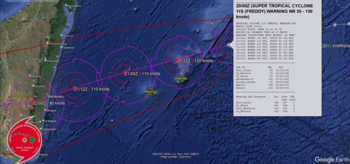 FORECAST REASONING.  SIGNIFICANT FORECAST CHANGES: THERE ARE NO SIGNIFICANT CHANGES TO THE FORECAST FROM THE PREVIOUS WARNING.  FORECAST DISCUSSION: NO MAJOR CHANGES IN THE TRACK ARE ANTICIPATED, AS THE SYSTEM TRAVERSES WEST-SOUTHWESTWARD ALONG THE NORTHERN SIDE OF STRONG STR TO THE SOUTH. TC 11S IS FORECAST TO PASS ABOUT 60-95NM NORTH OF BOTH MAURITIUS AND LA REUNION WITHIN THE NEXT 24 HOURS BEFORE MAKING LANDFALL ALONG THE SOUTH-CENTRAL COAST OF MADAGASCAR AROUND TAU 40. WHILE OVERALL CONDITIONS ARE FORECAST TO REMAIN FAVORABLE THROUGH LANDFALL, MODEST WEAKENING IS FORECAST DUE TO AN EXPECTED EWRC. ASSUMING THE EWRC STARTS SOON, IT SHOULD BE WRAPPED UP AROUND TAU 24, LEAVING BEHIND A LARGER SYSTEM IN GENERAL, WITH A LARGER EYE. CURRENT NCODA AND SATELLITE ANALYSIS REVEALS A WARM POOL, WITH SSTS APPROACHING 29C AND OHC VALUES OVER 40 KJ PER CM2, SITUATED ABOUT 70-100NM OFF THE EAST COAST OF MADAGASCAR. TC 11S IS FORECAST TO TRACK DIRECTLY OVER THIS POOL OF WARMER WATERS AS IT APPROACHES LANDFALL. THE FORECAST THUS CALLS FOR AN INTENSITY OF 110 KNOTS AT TAU 36, WEAKENING TO 90 KNOTS SHORTLY AFTER LANDFALL. IN BETWEEN THESE FORECAST POINTS, THE SYSTEM MAY ACTUALLY REACH A HIGHER INTENSITY AS IT CROSSES THE WARM POOL, SLAMMING INTO MADAGASCAR AS A SIGNIFICANT TC. AS THE SYSTEM CROSSES THE ROUGH TERRAIN OF MADAGASCAR IT WILL WEAKEN DRASTICALLY, LOSING ITS LOW-LEVEL STRUCTURE, BUT MAINTAINING THE MID-LEVEL SIGNATURE. ONCE EXITING THE ISLAND AND EMERGING INTO THE MOZAMBIQUE CHANNEL, TC 11S WILL TURN TO A MORE WESTWARD TO WEST-NORTHWESTWARD TRACK AS THE STEERING MECHANISM SHIFTS TO A BUILDING STR OVER SOUTH AFRICA. ANOTHER ROUND OF INTENSIFICATION, AND POTENTIALLY RAPID INTENSIFICATION IS POSSIBLE IN THE CHANNEL AS THE SYSTEM TAPS INTO A VERY FAVORABLE ENVIRONMENT, WITH SSTS OVER 29C, LOW SHEAR AND STRONG OUTFLOW ALOFT. THE ONLY HINDRANCE WILL BE THE AMOUNT OF TIME IT STAYS OVER WATER BEFORE MAKING LANDFALL ALONG THE CENTRAL COAST OF MOZAMBIQUE.