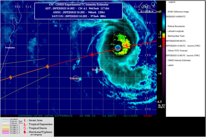 SATELLITE ANALYSIS, INITIAL POSITION AND INTENSITY DISCUSSION: TC FREDDY IS SHOWING SIGNS OF WEAKENING AS IT TRANSITS NORTH OF MAURITIUS AND LA REUNION. ANIMATED MULTISPECTRAL SATELLITE IMAGERY (MSI) DEPICTS A FAIRLY SYMMETRICAL SYSTEM WITH EVIDENCE OF SPIRAL BANDING IN THE NORTHERN AND SOUTHERN PERIPHERIES. ANALYSIS OF THE 201200Z IR-BD LOOP INDICATES DETERIORATION OF THE EYEWALL IN THE SOUTHWEST QUADRANT, AND INSPECTION OF THE CIMMS 6-HOUR CLOUD TOP TEMPERATURE TRENDS REVEAL WARMING CLOUD TOPS IN THE SOUTHEAST QUADRANT. THE 201300Z METAR FROM SIR SEEWOOSAGUR RAMGOOLAM INTERNATIONAL AIRPORT, MAURITIUS REPORTS WINDS FROM THE EAST-NORTHEAST AT 30 KNOTS WITH GUSTS OF 42 KNOTS. ENVIRONMENTAL ANALYSIS INDICATES TC 11S TO BE IN FAVORABLE CONDITIONS FOR CONTINUAL TROPICAL ACTIVITY. THESE CONDITIONS ARE CHARACTERIZED BY CONSISTENT WESTERLY OUTFLOW ALOFT, LOW (5-10 KTS) VERTICAL WIND SHEAR (VWS), A VERY STRONG 850 MB VORTICITY SIGNATURE, AND WARM (27-28 C) SEA SURFACE TEMPERATURES (SST). THE INITIAL POSITION IS PLACED WITH HIGH CONFIDENCE BASED ON THE AFOREMENTIONED MSI AND THE MAURITIUS RADAR LOOP. THE INITIAL INTENSITY OF 120 KTS IS ASSESSED WITH MEDIUM CONFIDENCE SET BASED OF THE BLEND OF MULTI-AGENCY AND AUTOMATED DVORAK ESTIMATES. SATELLITE ANALYSIS, INITIAL POSITION AND INTENSITY DISCUSSION: TC FREDDY IS SHOWING SIGNS OF WEAKENING AS IT TRANSITS NORTH OF MAURITIUS AND LA REUNION. ANIMATED MULTISPECTRAL SATELLITE IMAGERY (MSI) DEPICTS A FAIRLY SYMMETRICAL SYSTEM WITH EVIDENCE OF SPIRAL BANDING IN THE NORTHERN AND SOUTHERN PERIPHERIES. ANALYSIS OF THE 201200Z IR-BD LOOP INDICATES DETERIORATION OF THE EYEWALL IN THE SOUTHWEST QUADRANT, AND INSPECTION OF THE CIMMS 6-HOUR CLOUD TOP TEMPERATURE TRENDS REVEAL WARMING CLOUD TOPS IN THE SOUTHEAST QUADRANT. THE 201300Z METAR FROM SIR SEEWOOSAGUR RAMGOOLAM INTERNATIONAL AIRPORT, MAURITIUS REPORTS WINDS FROM THE EAST-NORTHEAST AT 30 KNOTS WITH GUSTS OF 42 KNOTS. ENVIRONMENTAL ANALYSIS INDICATES TC 11S TO BE IN FAVORABLE CONDITIONS FOR CONTINUAL TROPICAL ACTIVITY. THESE CONDITIONS ARE CHARACTERIZED BY CONSISTENT WESTERLY OUTFLOW ALOFT, LOW (5-10 KTS) VERTICAL WIND SHEAR (VWS), A VERY STRONG 850 MB VORTICITY SIGNATURE, AND WARM (27-28 C) SEA SURFACE TEMPERATURES (SST). THE INITIAL POSITION IS PLACED WITH HIGH CONFIDENCE BASED ON THE AFOREMENTIONED MSI AND THE MAURITIUS RADAR LOOP. THE INITIAL INTENSITY OF 120 KTS IS ASSESSED WITH MEDIUM CONFIDENCE SET BASED OF THE BLEND OF MULTI-AGENCY AND AUTOMATED DVORAK ESTIMATES.