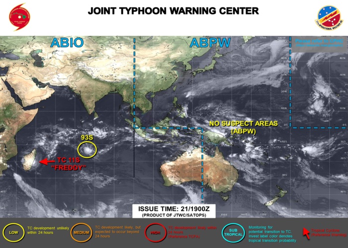 JTWC IS ISSUING 12HOURLY WARNINGS AND 3HOURLY SATELLITE BULLETINS ON TC 11S(FREDDY). 3HOURLY SATELLITE BULLETINS ARE ISSUED ON INVEST 93S.