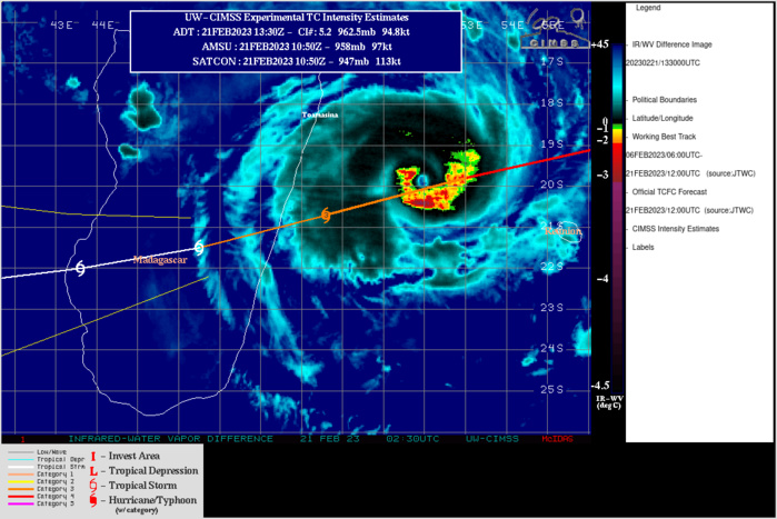 SATELLITE ANALYSIS, INITIAL POSITION AND INTENSITY DISCUSSION: ANIMATED ENHANCED INFRARED (EIR) SATELLITE IMAGERY SHOWS THE SYSTEM REMAINS COMPACT AND SYMMETRICAL WITH A DEFINED 6-NM PINHOLE EYE AS IT IS ABOUT TO MAKE LANDFALL INTO CENTRAL MADAGASCAR. THE EYE HAS SINCE BECOME CLOUD-COVERED AND THE WESTERN HALF OF THE SYSTEM HAS INTRUDED INTO MADAGASCAR WITH EARLY INDICATIONS OF UNRAVELING. THE INITIAL POSITION IS PLACED WITH HIGH CONFIDENCE BASED ON THE EYE FEATURE IN THE EIR LOOP. THE INITIAL INTENSITY IS ALSO ASSESSED WITH HIGH CONFIDENCE BASED ON CLOSELY-CLUSTERED AGENCY AND AUTOMATED DVORAK ESTIMATES AND REFLECTS THE SLIGHT 12-HOUR WEAKENING. THE ENVIRONMENT, FOR NOW, REMAINS FAVORABLE WITH LIGHT VWS, STRONG RADIAL OUTFLOW AND WARM SSTS.