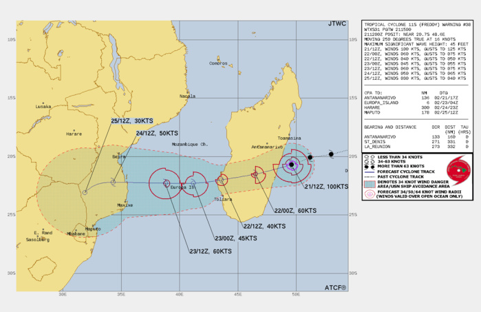 FORECAST REASONING.  SIGNIFICANT FORECAST CHANGES: THERE ARE NO SIGNIFICANT CHANGES TO THE FORECAST FROM THE PREVIOUS WARNING.  FORECAST DISCUSSION: TC FREDDY WILL CONTINUE ON A WEST-SOUTHWESTWARD  TRACK, MAKE LANDFALL OVER THE NEXT FEW HOURS AND CROSS MADAGASCAR,  EXIT INTO THE MOZAMBIQUE CHANNEL SHORTLY AFTER TAU 24, THEN MAKE A  FINAL LANDFALL OVER SOUTHERN MOZAMBIQUE AROUND TAU 66. THE RUGGED  TERRAIN OF MADAGASCAR WILL SIGNIFICANTLY ERODE THE CYCLONE DOWN TO  40KTS BY TAU 24. AFTERWARD, THE WARM WATERS OF THE MOZAMBIQUE CHANNEL  WILL FUEL A MODEST INTENSIFICATION TO 60KTS BY TAU 48. AFTER ITS  FINAL LANDFALL, THE RUGGED TERRAIN OF MOZAMBIQUE WILL RAPIDLY ERODE  THE SYSTEM DO DISSIPATION BY TAU 96.