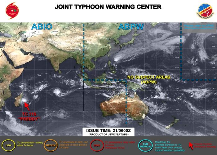 JTWC IS ISSUING 12HOURLY WARNINGS AND 3HOURLY SATELLITE BULLETINS ON TC 11S(FREDDY) AND TC 14S(ENALA).