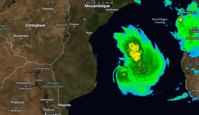 AFTER TRAVELING OVER 5500 MILES ACROSS THE SOUTHERN INDIAN OCEAN, TC 11S (FREDDY) IS FINALLY ENTERING THE TWILIGHT OF ITS LIFE CYCLE AND WILL SHORTLY MAKE A SECOND LANDFALL ALONG THE COAST OF MOZAMBIQUE. BUT TC FREDDY IS NOT YET READY TO GIVE UP THE GHOST COMPLETELY, AND HAS STEADILY, BUT RATHER SLOWLY, INTENSIFIED ONCE MORE AFTER MOVING INTO THE FAVORABLE ENVIRONMENT OF THE MOZAMBIQUE CHANNEL. SINCE THE PREVIOUS FORECAST, THE SYSTEM HAS PASSED DIRECTLY OVER EUROPA ISLAND, WHICH RECORDED A SIX HOUR PLUS PERIOD OF SUSTAINED 50-60 KNOT WINDS AS A WELL-DEFINED CONVECTIVE BAND ON THE EASTERN SIDE OF THE SYSTEM REMAINED STATIONARY OVER THE ISLAND. ANIMATED ENHANCED INFRARED (EIR) SATELLITE IMAGERY DEPICTS A SHRIMP-SHAPED STRUCTURE, WITH A SMALL CORE OF CONVECTION BUBBLING NEAR THE ASSESSED CENTER, AND A BANDING FEATURE EXTENDING UP TO THE NORTHEAST. THE INITIAL POSITION IS ASSESSED WITH MEDIUM CONFIDENCE, BASED ON A CONFLUENCE OF AGENCY FIX POSITIONS AND NEAR A WARM SPOT IN THE EIR IMAGERY. THE INITIAL INTENSITY IS ASSESSED ABOVE THE BULK OF THE SUBJECTIVE AND OBJECTIVE ESTIMATES, BASED PRIMARILY ON THE PGTW DVORAK CURRENT INTENSITY ESTIMATE OF T4.0. A 222210Z AMSR2 WINDSPEED ESTIMATE SHOWED MAX WINDS NEAR 55 KNOTS IN THE SOUTHEAST QUADRANT. THE ENVIRONMENT REMAINS FAVORABLE WITH LOW VWS, AND GOOD POLEWARD OUTFLOW AND A POOL OF WARM (29-30C) WATERS LYING DIRECTLY ON THE COAST.