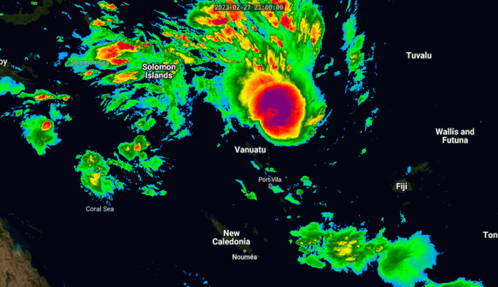 SATELLITE ANALYSIS, INITIAL POSITION AND INTENSITY DISCUSSION: ANIMATED MULTISPECTRAL SATELLITE IMAGERY (MSI) DEPICTS A FAIRLY SYMMETRICAL SYSTEM WITH THICK CONVECTIVE BANDS WRAPPING INTO AN ASSESSED LOW LEVEL CIRCULATION CENTER (LLCC). THE ABOVE MSI ALSO REVEALS HINTS OF AN EYE TRYING TO MAKE ITS PRESENCE KNOWN. ANALYSIS OF THE 280457Z SSMIS 91GHZ AND THE 280249Z ATMS 183GHZ IMAGES INDICATE A MICROWAVE EYE IS NOW TAKING SHAPE, FURTHER INDICATING THE SYSTEM IS INTENSIFYING AND BECOMING BETTER ORGANIZED. ENVIRONMENTAL ANALYSIS INDICATES TC JUDY TO BE IN FAVORABLE CONDITIONS FOR CONTINUAL TROPICAL DEVELOPMENT. THESE CONDITIONS ARE CHARACTERIZED BY CONSISTENT POLEWARD OUTFLOW ALOFT, LOW (5-10 KTS) VERTICAL WIND SHEAR (VWS), A STRONG 850 MB VORTICITY SIGNATURE, AND VERY WARM (30-31 C) SEA SURFACE TEMPERATURES (SST). THE INITIAL POSITION IS PLACED WITH HIGH CONFIDENCE BASED ON THE AFOREMENTIONED MSI, MICROWAVE IMAGERY AND SURFACE OBSERVATIONS FROM SOLA (VANUA LAVA) AND SARATMATA WHICH INDICATE AN ABRUPT CHANGE IN WIND DIRECTION FROM EASTWARD TO WESTWARD RESPECTIVELY OVER APPROXIMATELY A 65 NM SPAN. THE INITIAL INTENSITY OF 65 KTS IS ASSESSED WITH MEDIUM CONFIDENCE BASED ON PREVIOUS MULTI-AGENCY AND AUTOMATED DVORAK ESTIMATES.