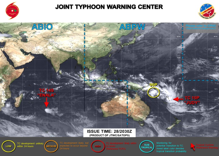 JTWC IS ISSUING 6HOURLY WARNINGS ON TC 15P(JUDY). 3HOURLY WARNINGS ARE ISSUED ON 15P, ON THE REMNANTS OF TC 14S(ENALA) AND ON THE OVER-LAND REMNANTS OF TC 11S(FREDDY).