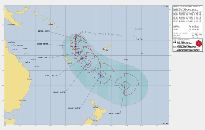 FORECAST REASONING.  SIGNIFICANT FORECAST CHANGES: THERE ARE NO SIGNIFICANT CHANGES TO THE FORECAST FROM THE PREVIOUS WARNING.  FORECAST DISCUSSION: TC JUDY CONTINUES TO TRACK SOUTHWARD, THOUGH AS MENTIONED, RECENT SATELLITE IMAGERY SUGGESTS IT MAY BE SLOWING DOWN A BIT AS IT APPROACHES PORT VILA. THE SYSTEM IS EXPECTED TO CONTINUE SOUTHWARD AS IT ROUNDS THE AXIS OF THE STEERING RIDGE, AND EITHER PASS JUST A HAIR WEST OF EFATE ISLAND, OR MAKE LANDFALL DIRECTLY ON THE ISLAND, WITHIN THE NEXT 6 TO 12 HOURS. ONCE PAST EFATE, THE SYSTEM IS EXPECTED TO PASS SOUTH OF THE RIDGE AXIS AND TURN ONTO SOUTHEASTWARD TRAJECTORY THROUGH THE REMAINDER OF THE FORECAST PERIOD. IN TERMS OF INTENSITY, TC JUDY HAS AT MOST ANOTHER 18-24 HOURS OF FRIENDLY CONDITIONS BEFORE THINGS GET NASTY. WHILE THE MID-LEVEL SHEAR CONTINUES TO BE AN ISSUE, HIGH RESOLUTION MODELS SUGGEST THAT THE RAPID DEVELOPMENT OF INNER CORE CONVECTION SHOULD HELP PUSH BACK AGAINST THIS SHEAR OVER THE NEXT 12 HOURS. THE IMPROVEMENT IN UPPER-LEVEL POLEWARD OUTFLOW WILL ENHANCE THE REDUCED MESOSCALE SHEAR, ALLOWING THE SYSTEM TO CONTINUE TO RAPIDLY INTENSIFY THROUGH TAU 12. THE PACE OF INTENSIFICATION WILL SLOW AFTER TAU 12 AS DEEP-LAYER WESTERLY SHEAR STARTS TO INCREASE, AND SSTS START TO COOL. THE PEAK OF 110 KNOTS IS STILL EXPECTED AROUND TAU 18, HOLDING ON THROUGH TAU 24. AFTER THIS POINT HOWEVER, THINGS BEGIN TO DRASTICALLY CHANGE. SHEAR DOUBLES TO 25 KNOTS BY TAU 36, THEN DOUBLES AGAIN TO 50 KNOTS BY TAU 60, AS THE SYSTEM BECOMES EMBEDDED WITHIN THE SUBTROPICAL WESTERLIES. BY TAU 36, SSTS DROP BELOW 26C, AND THE SYSTEM BEGINS TO MERGE INTO PHASE WITH A SHARP 500MB BAROCLINIC TROUGH, MARKING THE START OF SUBTROPICAL TRANSITION (STT). THE SYSTEM SHOULD COMPLETE STT NO LATER THAN TAU 72, BUT IN REALITY, IS MORE LIKELY TO TRANSITION TO A STORM-FORCE SUBTROPICAL LOW BY TAU 60.