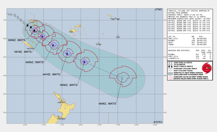 FORECAST REASONING.  SIGNIFICANT FORECAST CHANGES: THERE ARE NO SIGNIFICANT CHANGES TO THE FORECAST FROM THE PREVIOUS WARNING.  FORECAST DISCUSSION: TC KEVIN WILL CONTINUE TO TRACK SOUTHEASTWARD UNDER THE STEERING STR. THE FAVORABLE ENVIRONMENT WILL FUEL A STEADY INTENSIFICATION TO A PEAK OF 105KTS BY TAU 24; AFTERWARD, INCREASING VWS AND COOLING SST WILL SLOWLY ERODE THE SYSTEM DOWN TO 55KTS BY TAU 72. CONCURRENTLY BY TAU 48, TC 16P WILL BEGIN SUBTROPICAL TRANSITION AND BY TAU 72, WILL TRANSFORM INTO A SUBTROPICAL LOW WITH AN EXPANDING WIND FIELD.