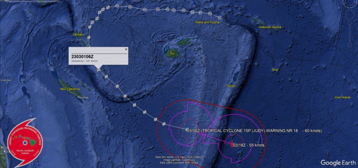 REMARKS: 030900Z POSITION NEAR 26.5S 178.7W. 03MAR23. TROPICAL CYCLONE 15P (JUDY), LOCATED APPROXIMATELY 400 NM SOUTHWEST OF TONGA, HAS TRACKED EAST-SOUTHEASTWARD AT 26 KNOTS OVER THE PAST SIX HOURS. ANIMATED MULTISPECTRAL SATELLITE IMAGERY (MSI)  SHOWS THE SYSTEM HAS RAPIDLY ERODED AS THE CENTRAL CONVECTION IS  SEVERELY SHEARED SOUTHEASTWARD, PARTLY EXPOSING THE LOW LEVEL  CIRCULATION. SIGNIFICANT EROSION ALONG THE WESTERN PERIPHERIES,  CAUSED BY THE INTRUSION OF A MID-LATITUDE TROUGH FROM THE SOUTHWEST IS ALSO EVIDENT IN THE MSI LOOP. ANALYSIS INDICATES THE CYCLONE HAS TRANSFORMED INTO A SUBTROPICAL SYSTEM. THIS IS THE FINAL WARNING ON  THIS SYSTEM BY THE JOINT TYPHOON WRNCEN PEARL HARBOR HI. THE SYSTEM  WILL BE CLOSELY MONITORED FOR SIGNS OF REGENERATION. MAXIMUM  SIGNIFICANT WAVE HEIGHT AT 030600Z IS 35 FEET. REFER TO TROPICAL  CYCLONE 16P (KEVIN) WARNINGS (WTPS32 PGTW) FOR SIX-HOURLY UPDATES.// NNNN