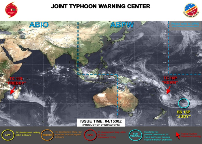 JTWC IS ISSUING 6HOURLY WARNINGS AND 3HOURLY SATELLITE BULLETINS ON TC 16P(KEVIN). 12HOURLY WARNINGS AND 3HOURLY SATELLITE BULLETINS ARE ISSUED ON TC 11S(FREDDY). 3HOURLY SATELLITE BULLETINS ARE ISSUED ON SUBTROPICAL STORM 15P(JUDY). JTWC IS ISSUING 6HOURLY WARNINGS AND 3HOURLY SATELLITE BULLETINS ON TC 16P(KEVIN). 12HOURLY WARNINGS AND 3HOURLY SATELLITE BULLETINS ARE ISSUED ON TC 11S(FREDDY). 3HOURLY SATELLITE BULLETINS ARE ISSUED ON SUBTROPICAL STORM 15P(JUDY).