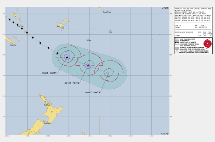 FORECAST REASONING.  SIGNIFICANT FORECAST CHANGES: THERE ARE NO SIGNIFICANT CHANGES TO THE FORECAST FROM THE PREVIOUS WARNING.  FORECAST DISCUSSION: THE FORECAST HAS BEEN TRUNCATED TO 24 HOURS, DURING WHICH TIME TC 16P IS EXPECTED TO TRANSITION TO A STORM-FORCE SUBTROPICAL LOW. THE SYSTEM WILL RAPIDLY TRACK SOUTHEASTWARD ALONG THE SOUTHWEST SIDE OF THE STRONG STR CENTERED FAR TO THE NORTH, THROUGH THE SHORT FORECAST PERIOD. STT HAS ALREADY BEGUN AS THE SYSTEM HAS BEGUN TO BE DECAPITATED BY STEADILY INCREASING WESTERLY SHEAR. VERY DRY AIR TO THE WEST IS ALSO BEGINNING TO MOVE EVER CLOSER TO THE CENTER AND WILL SOON ENGULF TC 16P, EFFECTIVELY PUTTING AN END TO THE SYSTEM AS A TROPICAL CYCLONE. BY TAU 24, ALL THAT WILL REMAIN OF TC 16P WILL BE A LOW-LEVEL NAKED VORTEX, WHICH WILL RETAIN SIGNIFICANT INERTIA WHICH WILL TAKE TIME TO SPIN DOWN AND IN THE FUTURE THE SYSTEM WILL LIKELY LINGER AS A GALE-FORCE SUBTROPICAL LOW THAT EVENTUALLY TRANSITIONS TO AN EXTRATROPICAL LOW.