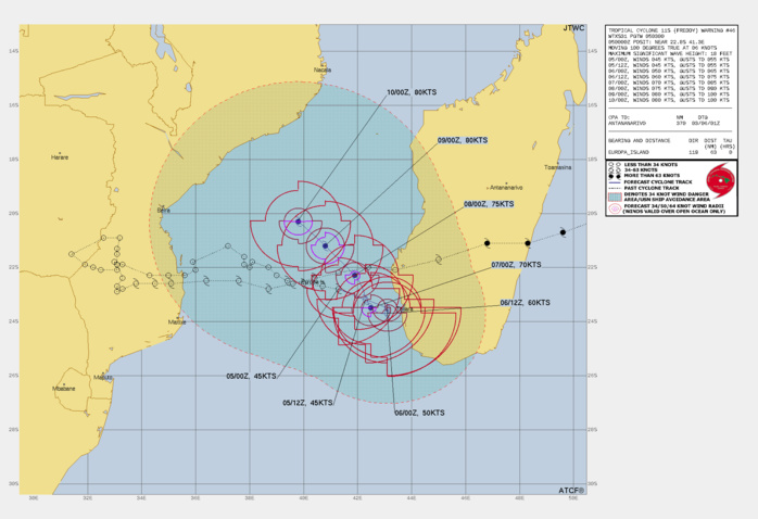 FORECAST REASONING. SIGNIFICANT FORECAST CHANGES: THERE ARE NO SIGNIFICANT CHANGES TO THE FORECAST FROM THE PREVIOUS WARNING. FORECAST DISCUSSION: OVER THE NEXT 12 TO 24 HOURS, TC 11S WILL CONTINUE TRACKING SLOWLY TOWARDS THE SOUTHEAST UNDER THE STEERING INFLUENCE OF THE STRONG NER CENTERED JUST NORTH OF MADAGASCAR. BY TAU 24 HOWEVER, THE NER BEGINS TO WEAKEN WHILE THE WEAK SUBTROPICAL RIDGE (STR) CURRENTLY SOUTH OF 30S BEGINS TO BUILD AND EXTEND NORTHWESTWARD. THE COMPETING STEERING INFLUENCES WILL RESULT IN A WEAK STEERING ENVIRONMENT IN WHICH TC 11S WILL REMAIN QUASI-STATIONARY, PARKED JUST OFF THE SOUTHWEST COAST OF MADAGASCAR. BY TAU 48 THE STR TO THE SOUTH WILL HAVE STRENGTHENED AND EXTENDED TO THE NORTHWEST TO ANOTHER STR CENTERED OVER ZAIRE, ESTABLISHING A SOLID RIDGE ACROSS THE SOUTHWEST SIDE OF THE SYSTEM. THIS WILL OVERCOME THE STEERING INFLUENCE OF THE WEAKENING NER AND PUSH TC 11S OUT OF ITS PARKING SPOT AND ONTO A NORTHWESTWARD TRACK THROUGH THE REMAINDER OF THE FORECAST PERIOD. DUE TO THE CONTINUED PRESENCE OF THE DRY CAPPING LAYER OVER THE SYSTEM, LITTLE TO NO INTENSIFICATION IS EXPECTED IN THE NEXT 12 HOURS. THE ATMOSPHERE MOISTENS UP AFTER TAU 24, ALLOWING FOR MORE ROBUST CONVECTIVE ACTIVITY, AS THE SYSTEM SIMULTANEOUSLY MOVES INTO AN AREA OF VERY WARM (30-31C) WATERS WITH MODERATELY HIGH OHC OFF THE WEST COAST OF MADAGASCAR. THIS WILL KICK OFF A ROUND OF MORE RAPID INTENSIFICATION THROUGH TAU 48. AFTER THE SYSTEM DEPARTS THE WARM POOL AND BEGINS MOVING NORTHEAST, IT WILL FACE A MODEST INCREASE IN SOUTHERLY SHEAR AND AS THE OUTFLOW AND SHEAR COMPETE FOR DOMINANCE, THIS PROCESS WILL KEEP A LID ON INTENSIFICATION THROUGH THE REMAINDER OF THE FORECAST. FORECAST REASONING. SIGNIFICANT FORECAST CHANGES: THERE ARE NO SIGNIFICANT CHANGES TO THE FORECAST FROM THE PREVIOUS WARNING. FORECAST DISCUSSION: OVER THE NEXT 12 TO 24 HOURS, TC 11S WILL CONTINUE TRACKING SLOWLY TOWARDS THE SOUTHEAST UNDER THE STEERING INFLUENCE OF THE STRONG NER CENTERED JUST NORTH OF MADAGASCAR. BY TAU 24 HOWEVER, THE NER BEGINS TO WEAKEN WHILE THE WEAK SUBTROPICAL RIDGE (STR) CURRENTLY SOUTH OF 30S BEGINS TO BUILD AND EXTEND NORTHWESTWARD. THE COMPETING STEERING INFLUENCES WILL RESULT IN A WEAK STEERING ENVIRONMENT IN WHICH TC 11S WILL REMAIN QUASI-STATIONARY, PARKED JUST OFF THE SOUTHWEST COAST OF MADAGASCAR. BY TAU 48 THE STR TO THE SOUTH WILL HAVE STRENGTHENED AND EXTENDED TO THE NORTHWEST TO ANOTHER STR CENTERED OVER ZAIRE, ESTABLISHING A SOLID RIDGE ACROSS THE SOUTHWEST SIDE OF THE SYSTEM. THIS WILL OVERCOME THE STEERING INFLUENCE OF THE WEAKENING NER AND PUSH TC 11S OUT OF ITS PARKING SPOT AND ONTO A NORTHWESTWARD TRACK THROUGH THE REMAINDER OF THE FORECAST PERIOD. DUE TO THE CONTINUED PRESENCE OF THE DRY CAPPING LAYER OVER THE SYSTEM, LITTLE TO NO INTENSIFICATION IS EXPECTED IN THE NEXT 12 HOURS. THE ATMOSPHERE MOISTENS UP AFTER TAU 24, ALLOWING FOR MORE ROBUST CONVECTIVE ACTIVITY, AS THE SYSTEM SIMULTANEOUSLY MOVES INTO AN AREA OF VERY WARM (30-31C) WATERS WITH MODERATELY HIGH OHC OFF THE WEST COAST OF MADAGASCAR. THIS WILL KICK OFF A ROUND OF MORE RAPID INTENSIFICATION THROUGH TAU 48. AFTER THE SYSTEM DEPARTS THE WARM POOL AND BEGINS MOVING NORTHEAST, IT WILL FACE A MODEST INCREASE IN SOUTHERLY SHEAR AND AS THE OUTFLOW AND SHEAR COMPETE FOR DOMINANCE, THIS PROCESS WILL KEEP A LID ON INTENSIFICATION THROUGH THE REMAINDER OF THE FORECAST.