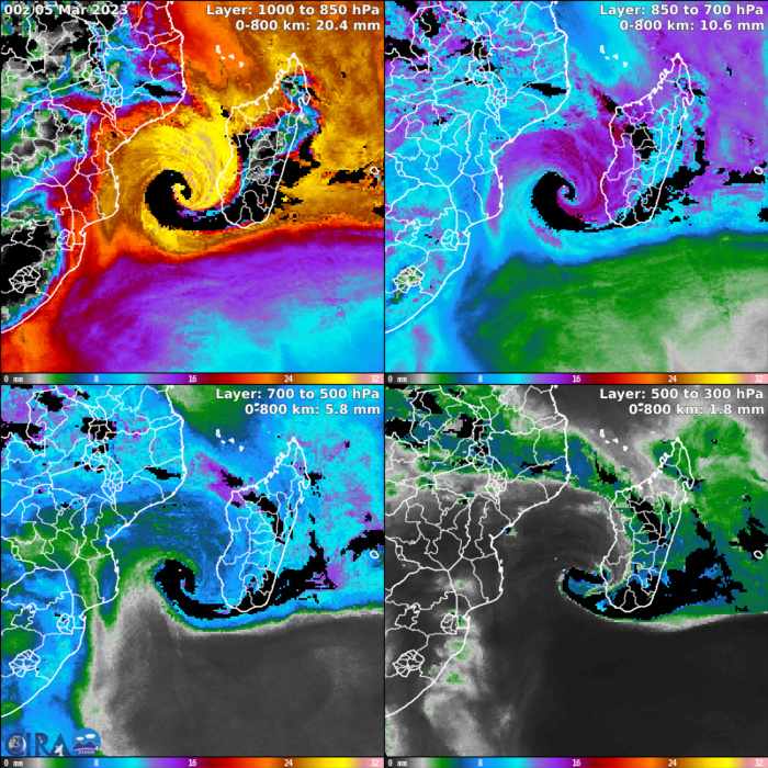 MODEL FIELDS AND THE CIRA ADVECTED LAYER PRECIPITABLE WATER PRODUCT INDICATE A SOLID CAP OF DRY AIR POSITIONED OVER THE SYSTEM AT THE 500-300MB LEVEL, EFFECTIVELY CAPPING CONVECTIVE ACTIVITY AND PROHIBITING CONVECTIVE CONSOLIDATION.