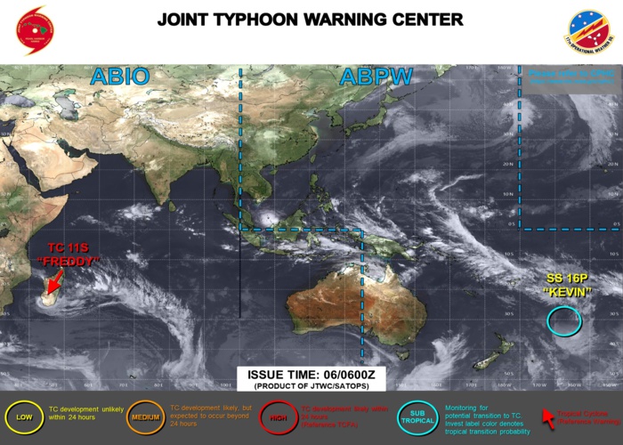 JTWC IS ISSUING 12HOURLY WARNINGS AND 3HOURLY SATELLITE BULLETINS ON TC 11S(FREDDY). 3HOURLY SATELLITE BULLETINS ARE ISSUED ON SUBTROPICAL STORM 16P(KEVIN).
