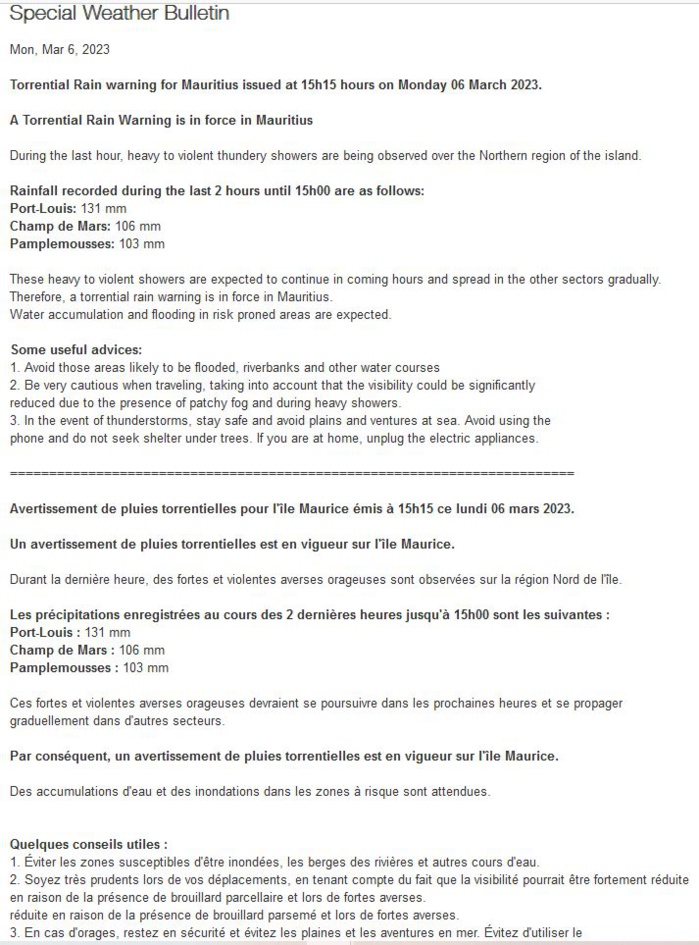 MAURICE: Avis de Pluies Torrentielles en début d'après midi, précipitations particulièrement intenses sur la région de Port Louis//0617h30 MAURICE: Avis de Pluies Torrentielles en début d'après midi, précipitations particulièrement intenses sur la région de Port Louis//0617h30
